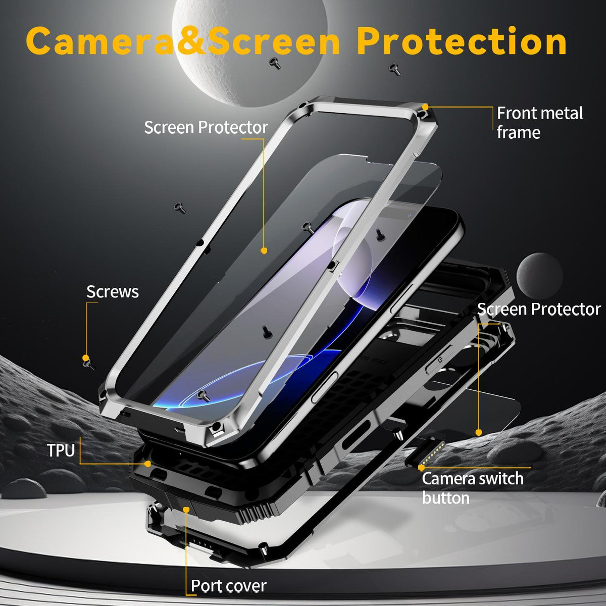 Compatible with iPhone 18 Pro Max R-JUST Metal + Silicone + Tempered Glass Life Waterproof Phone Case with Holder - Silver