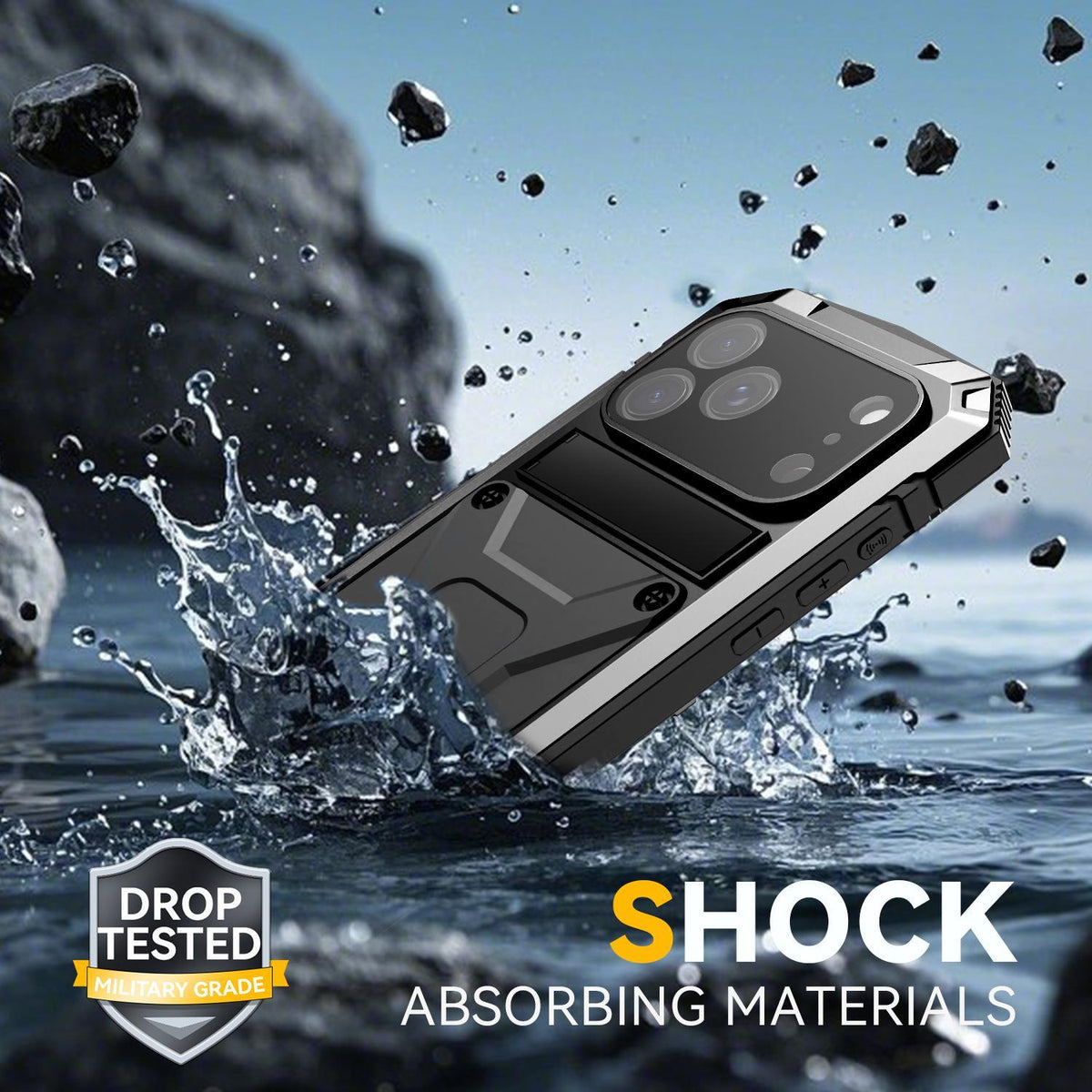 Compatible with iPhone 18 Pro Max R-JUST Metal + Silicone + Tempered Glass Life Waterproof Phone Case with Holder - Silver