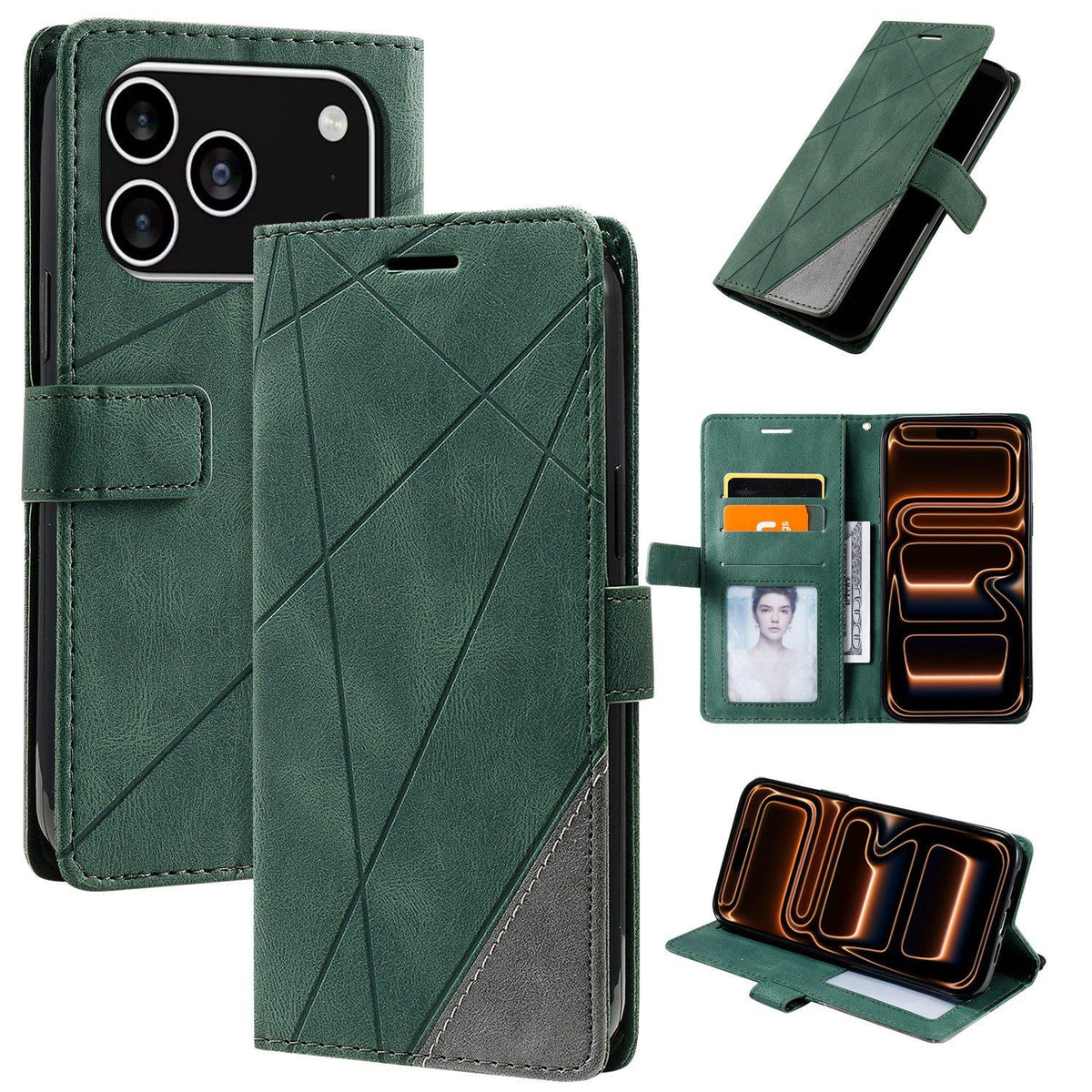 Compatible with iPhone 18 Pro Max Skin Feel Splicing Leather Phone Case - Green