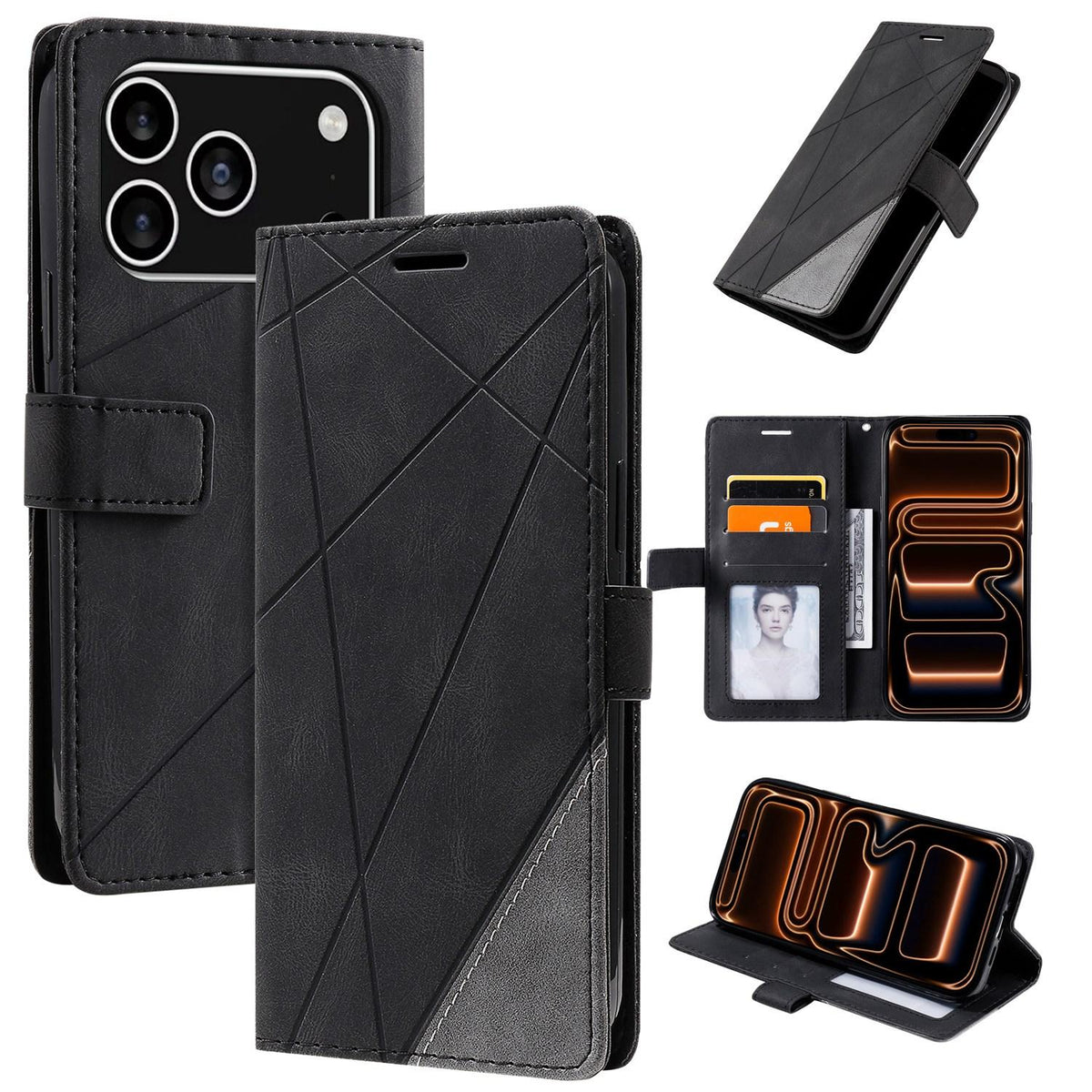 Compatible with iPhone 18 Pro Skin Feel Splicing Leather Phone Case - Black