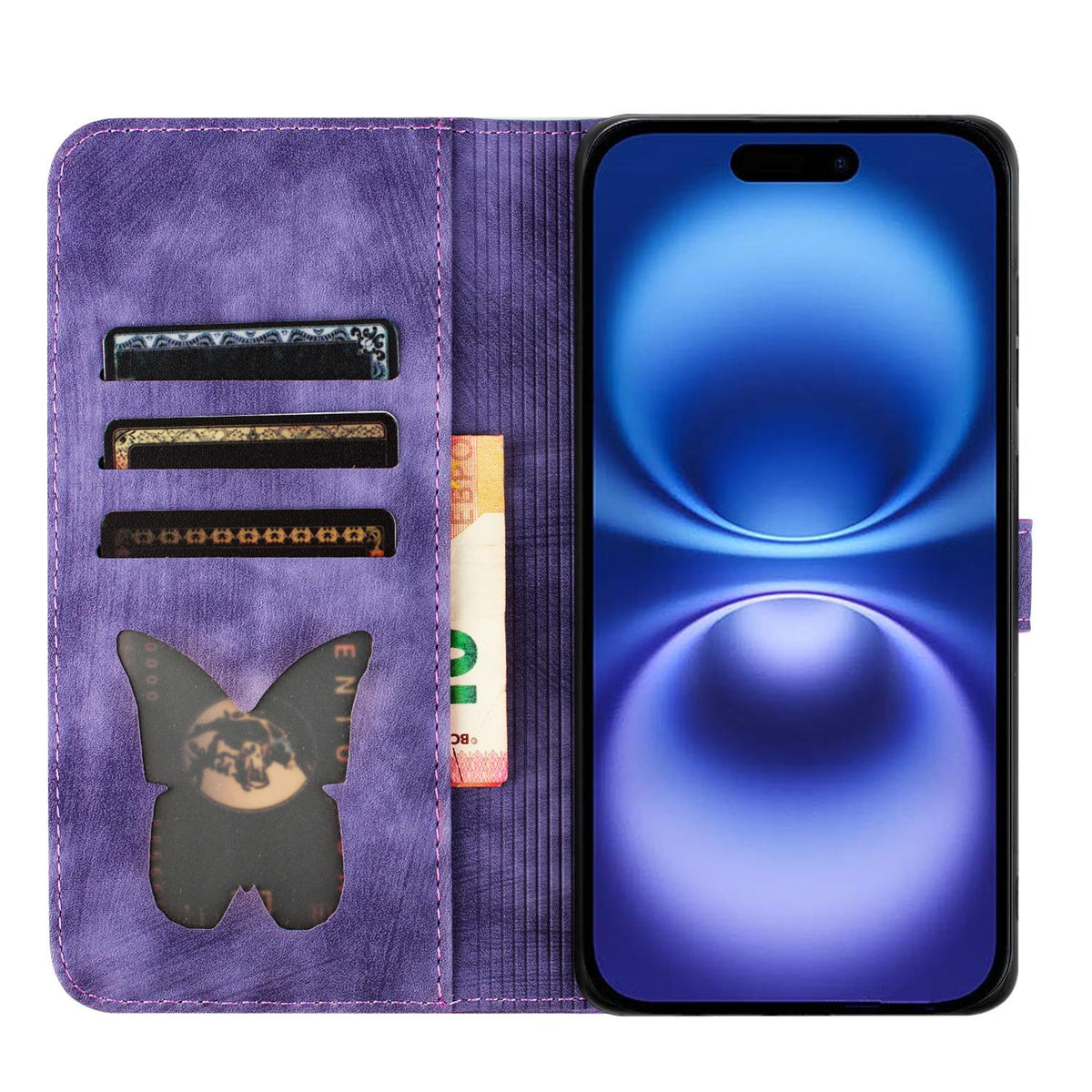 Compatible with iPhone 18 Pro Max & 17 Pro Max Butterfly Cat Embossing Flip Leather Phone Case - Purple