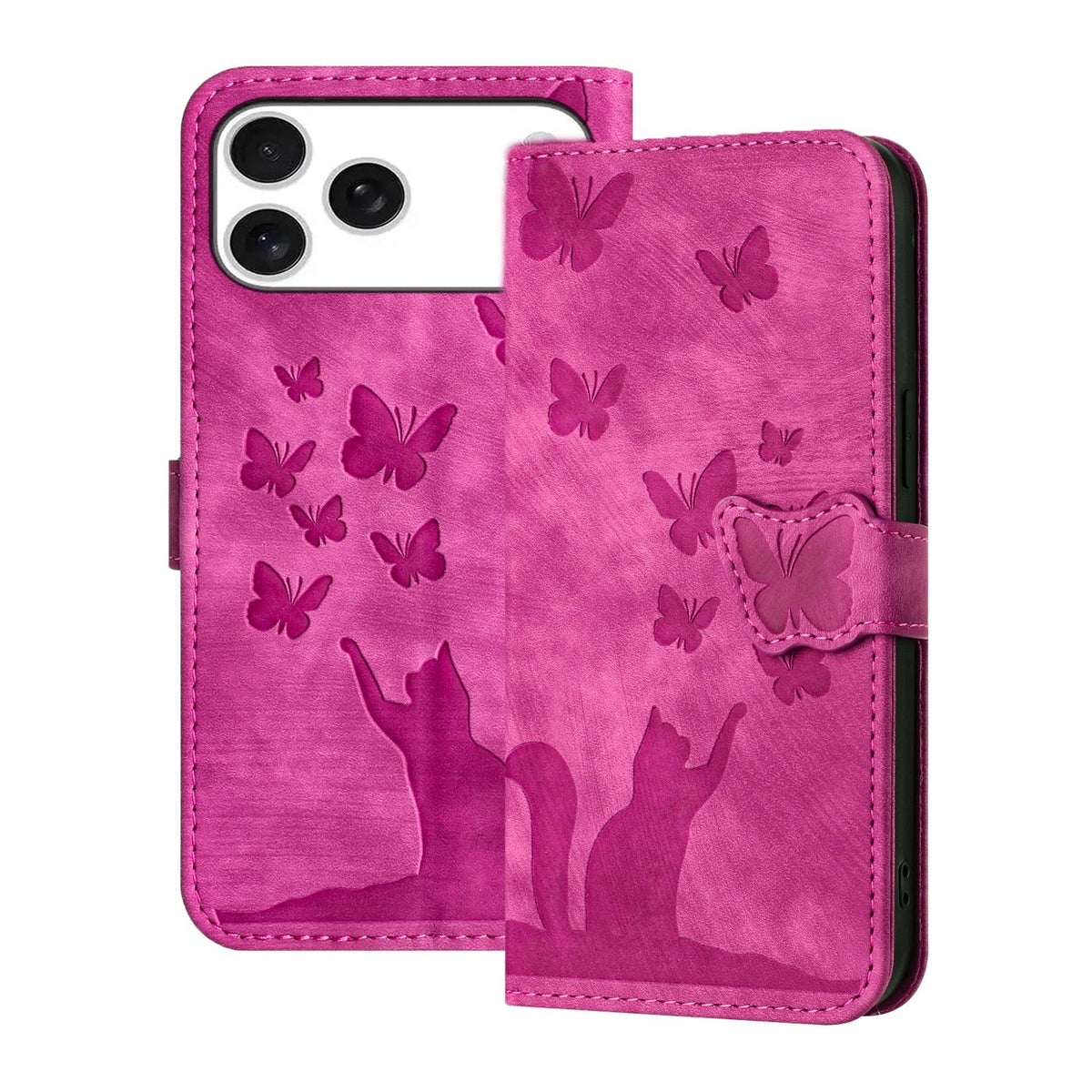 Compatible with iPhone 18 Pro Max & 17 Pro Max Butterfly Cat Embossing Flip Leather Phone Case - Pink