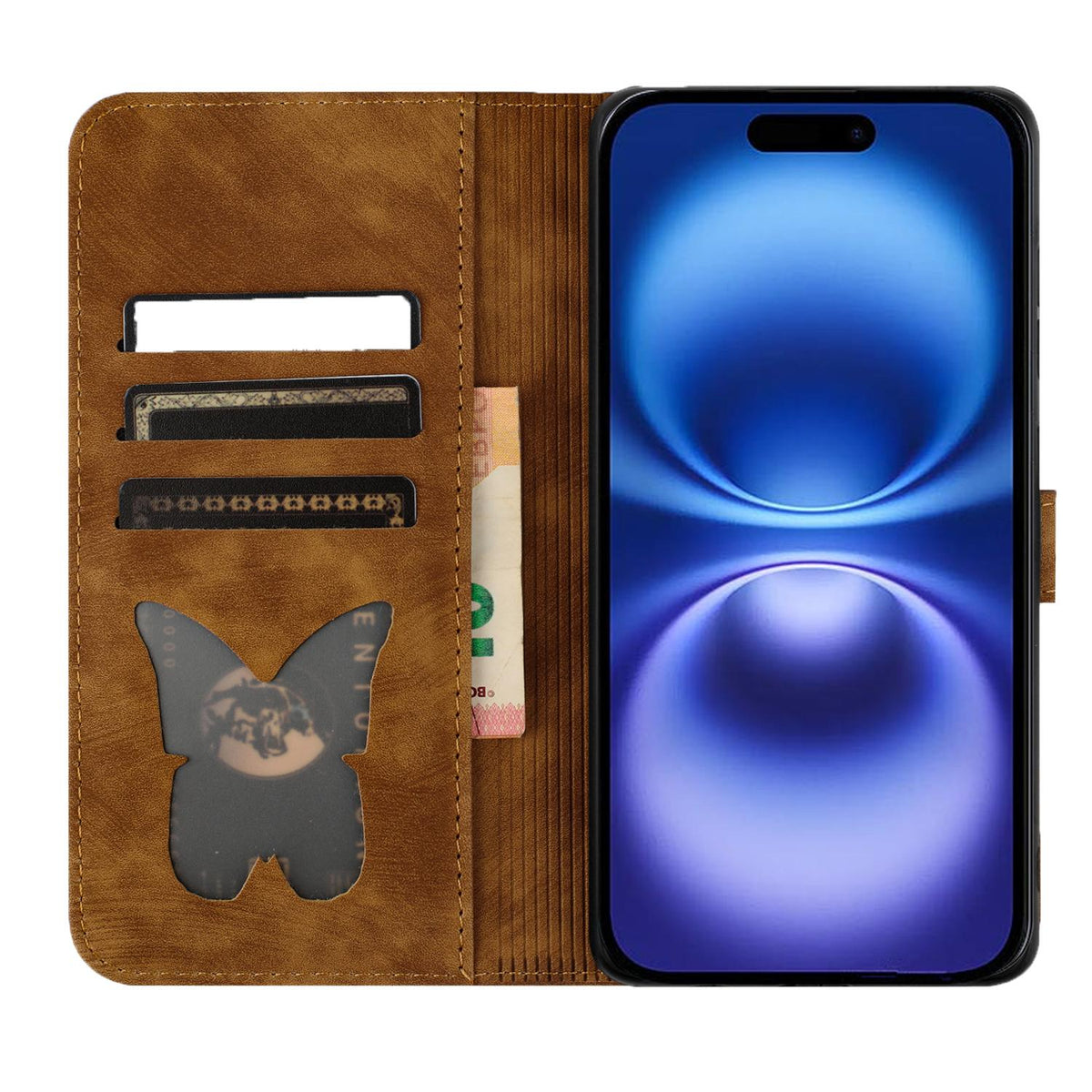 Compatible with iPhone 18 Pro Max & 17 Pro Max Butterfly Cat Embossing Flip Leather Phone Case - Brown