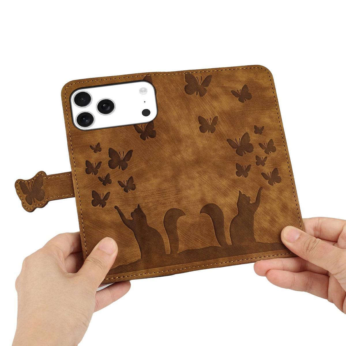 Compatible with iPhone 18 Pro Max & 17 Pro Max Butterfly Cat Embossing Flip Leather Phone Case - Brown