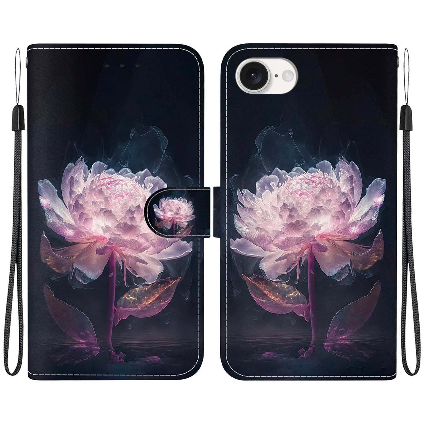 For iPhone 16e Crystal Texture Colored Drawing Leather Phone Case(Purple Peony)