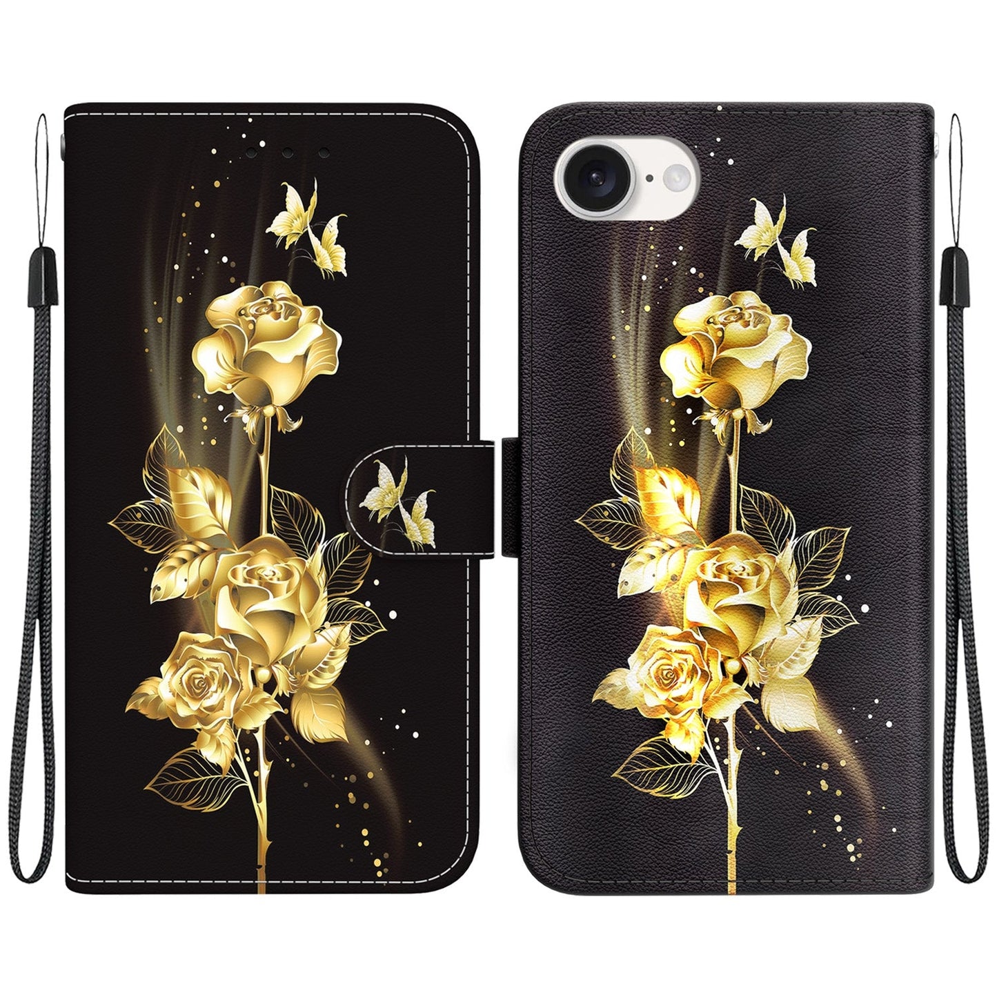 For iPhone 16e Crystal Texture Colored Drawing Leather Phone Case(Gold Butterfly Rose)