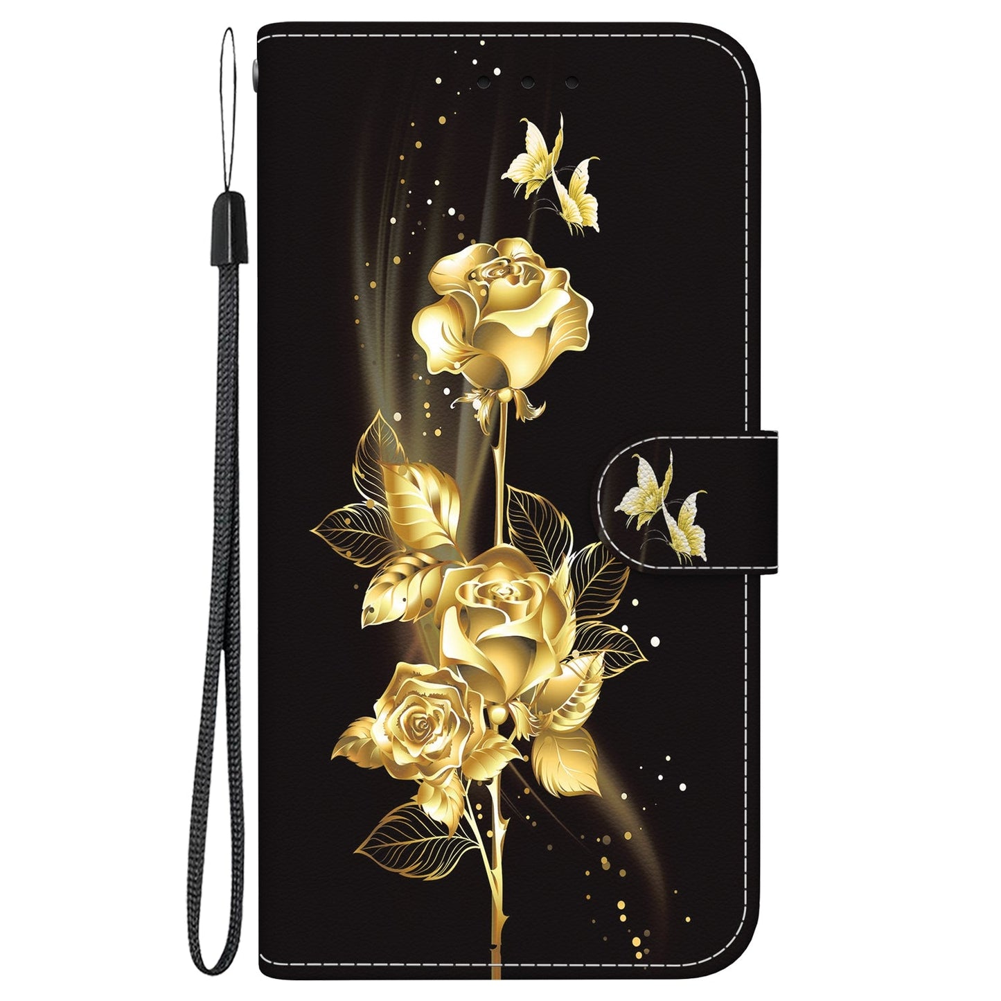 For iPhone 16e Crystal Texture Colored Drawing Leather Phone Case(Gold Butterfly Rose)