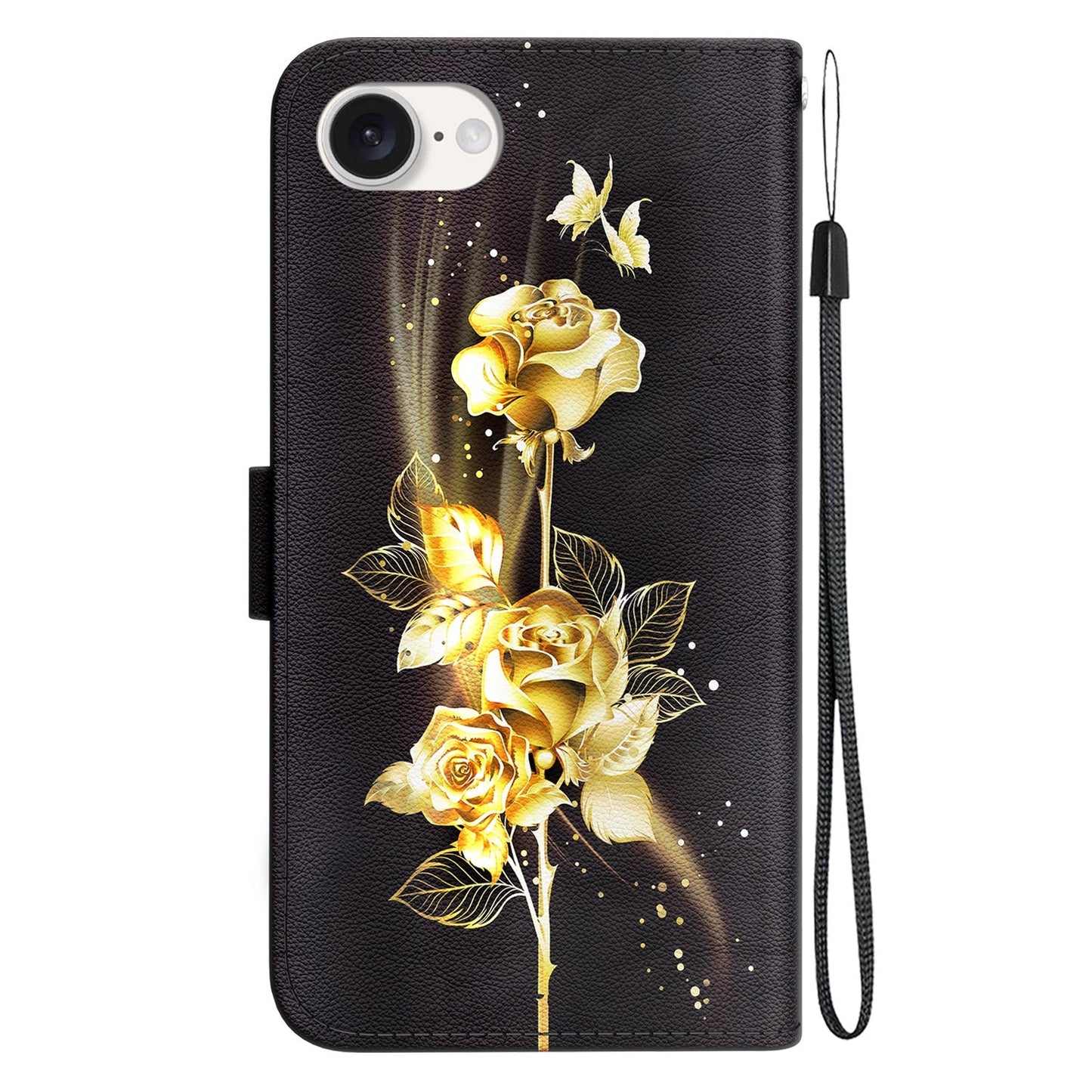 For iPhone 16e Crystal Texture Colored Drawing Leather Phone Case(Gold Butterfly Rose)