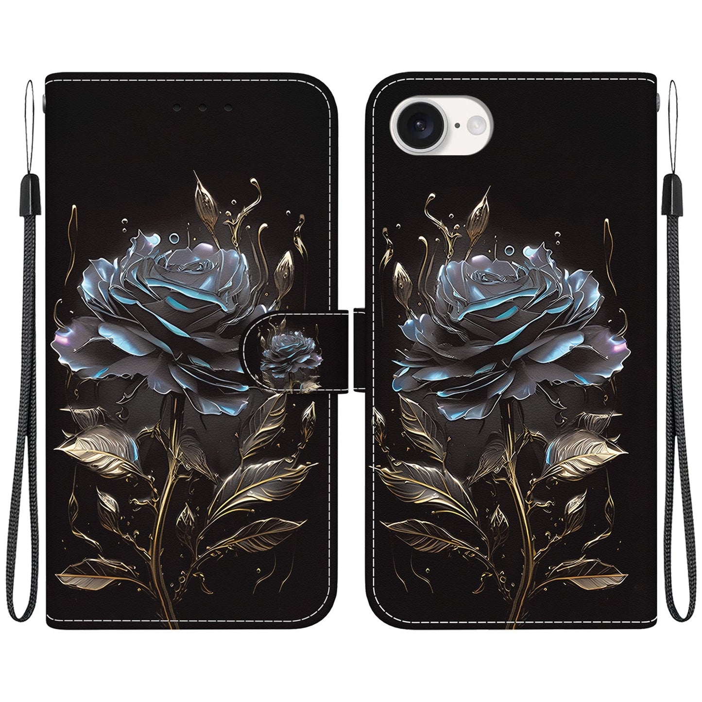For iPhone 16e Crystal Texture Colored Drawing Leather Phone Case(Black Rose)