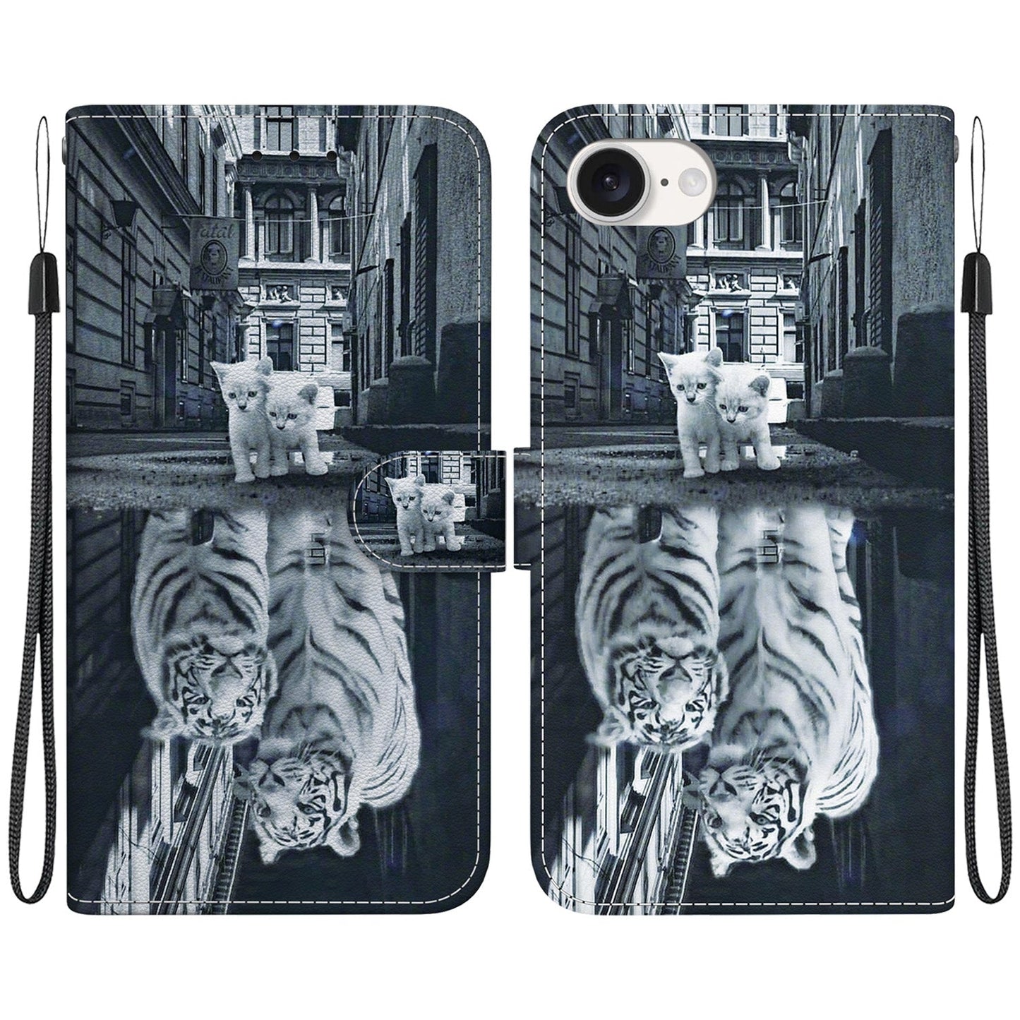 For iPhone 16e Crystal Texture Colored Drawing Leather Phone Case(Cat Tiger Reflection)