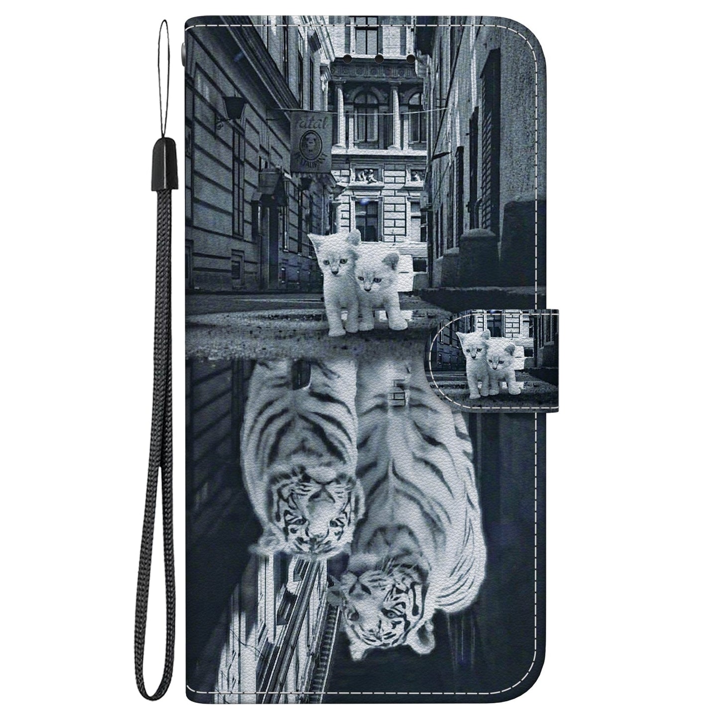 For iPhone 16e Crystal Texture Colored Drawing Leather Phone Case(Cat Tiger Reflection)