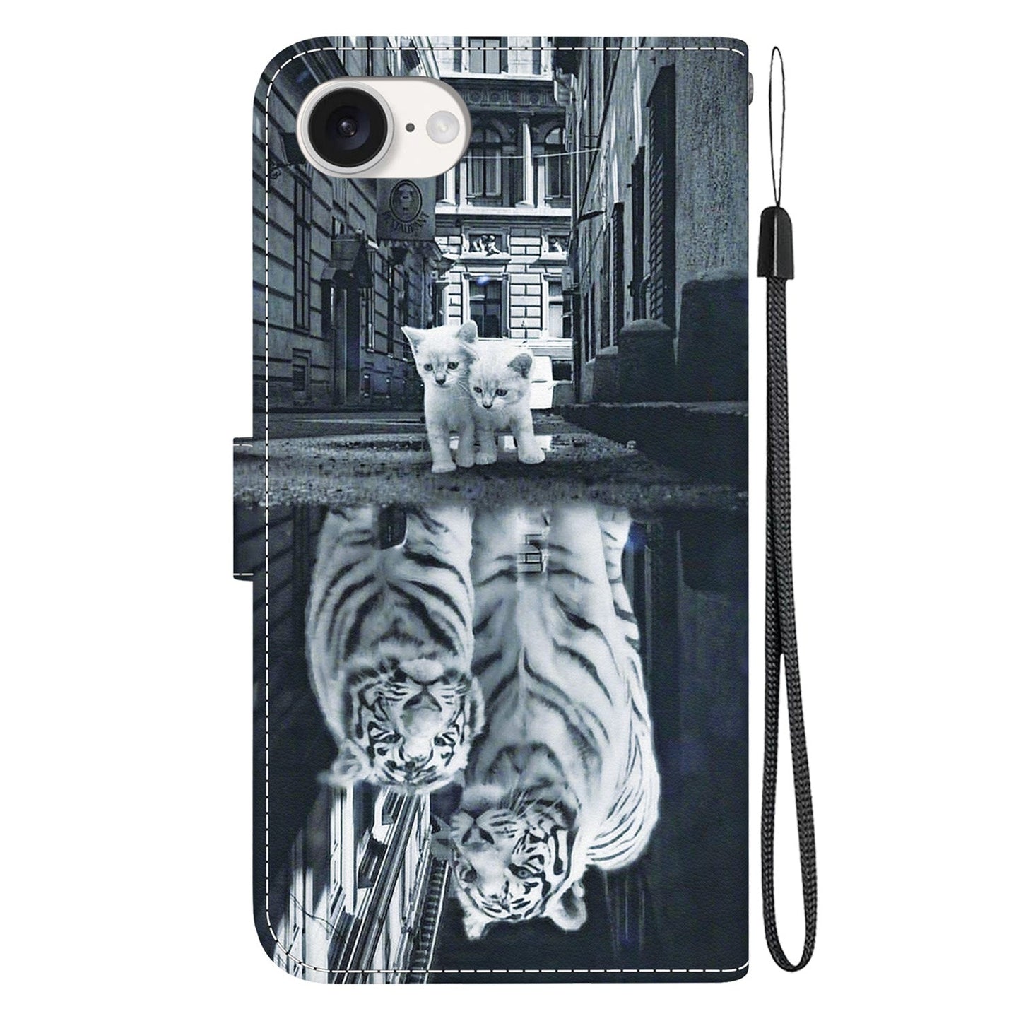For iPhone 16e Crystal Texture Colored Drawing Leather Phone Case(Cat Tiger Reflection)