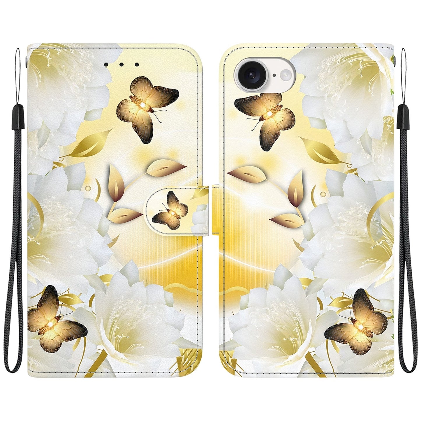 For iPhone 16e Crystal Texture Colored Drawing Leather Phone Case(Gold Butterfly Epiphyllum)