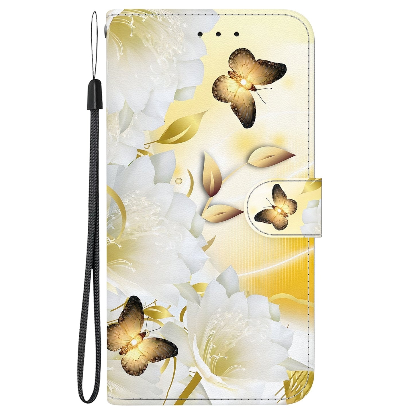 For iPhone 16e Crystal Texture Colored Drawing Leather Phone Case(Gold Butterfly Epiphyllum)
