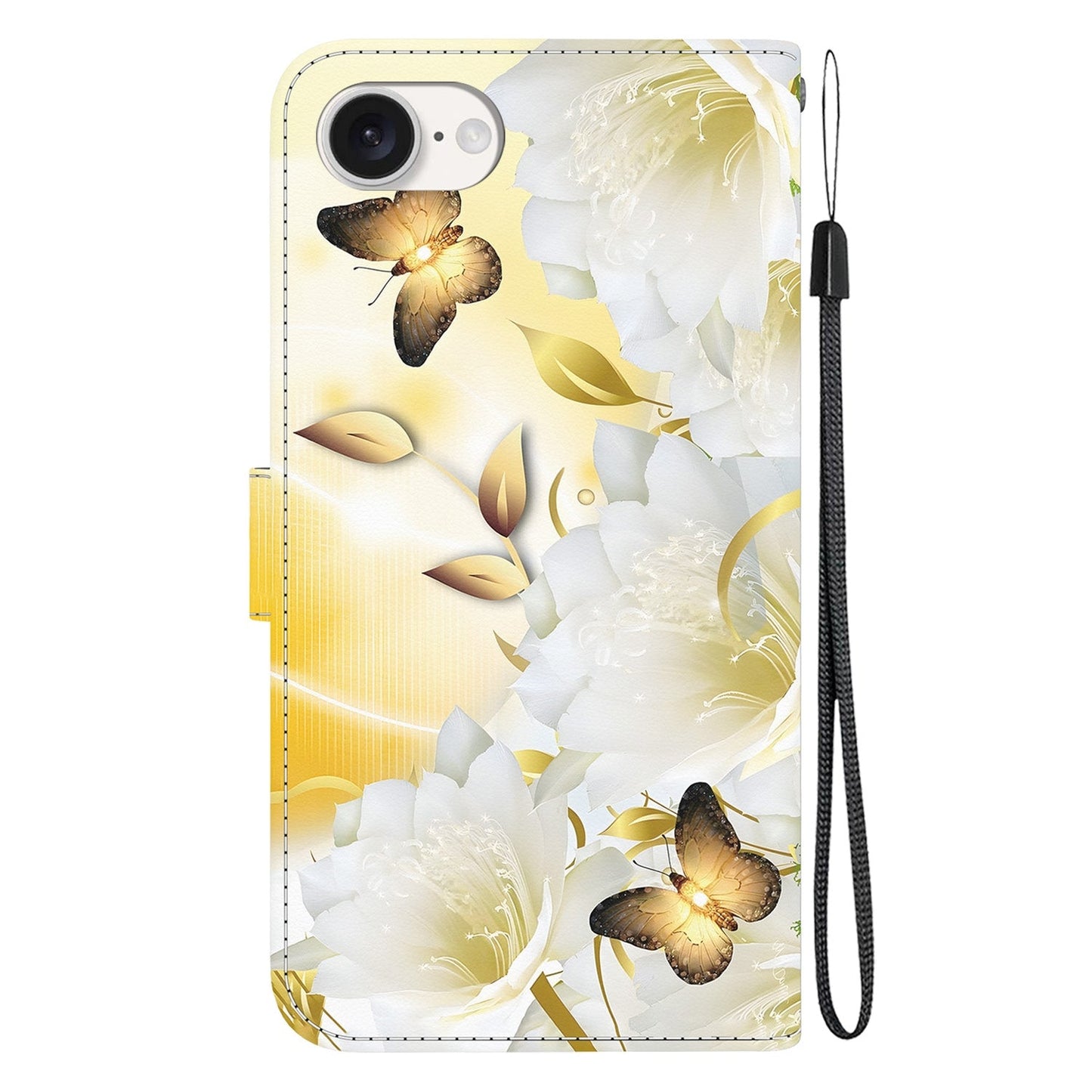 For iPhone 16e Crystal Texture Colored Drawing Leather Phone Case(Gold Butterfly Epiphyllum)