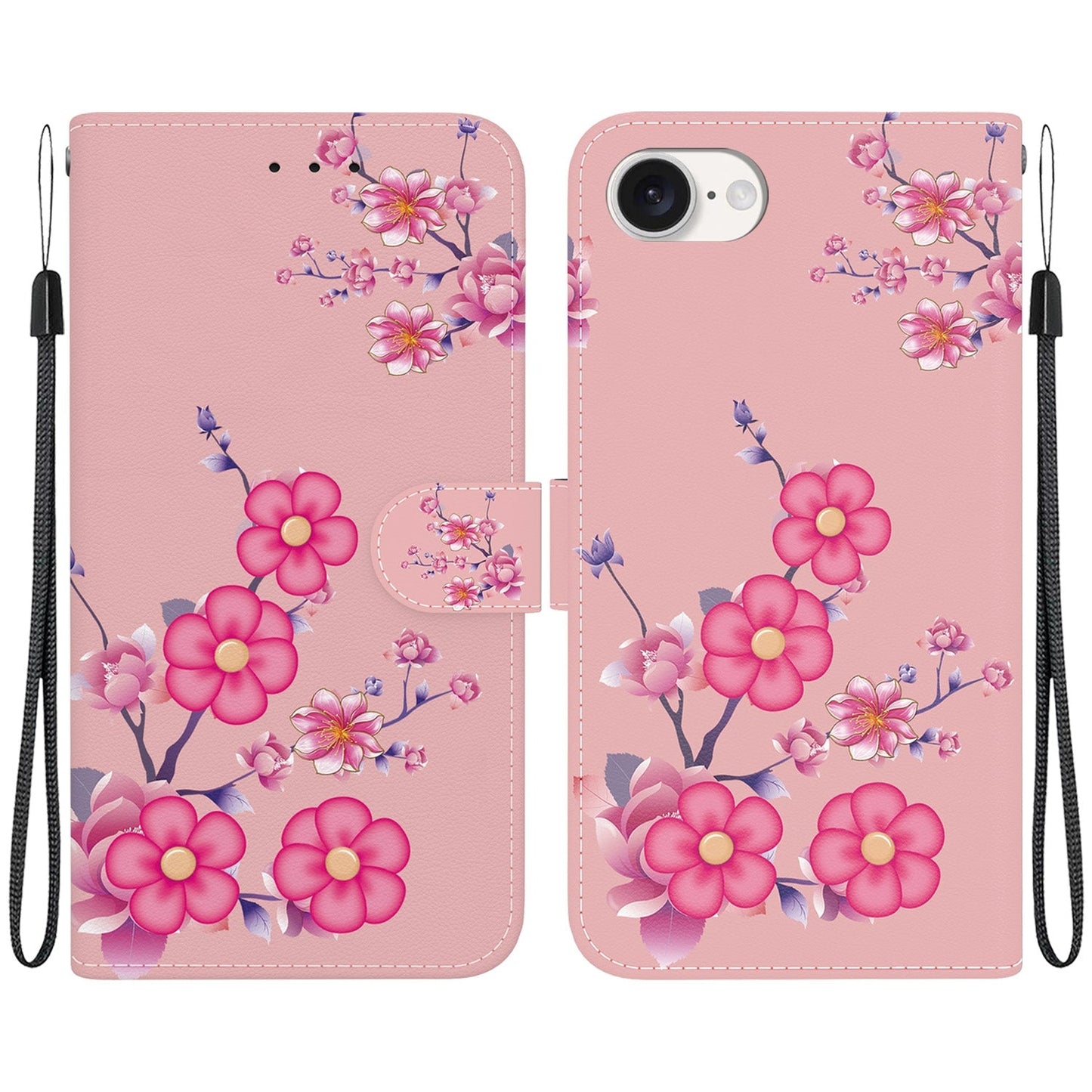 For iPhone 16e Crystal Texture Colored Drawing Leather Phone Case(Cherry Blossoms)