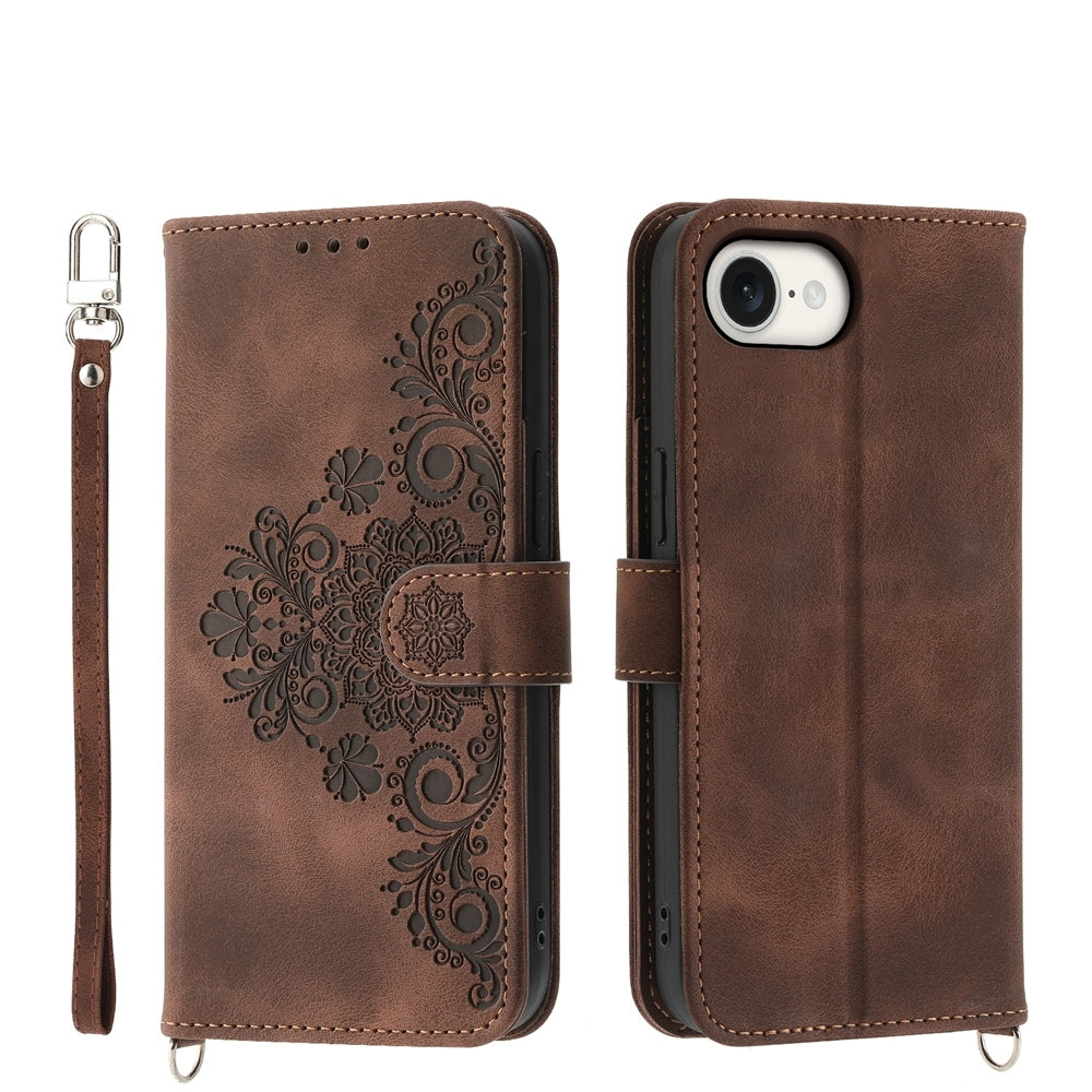 For iPhone 16e Skin-feel Flowers Embossed Wallet Leather Phone Case(Brown)