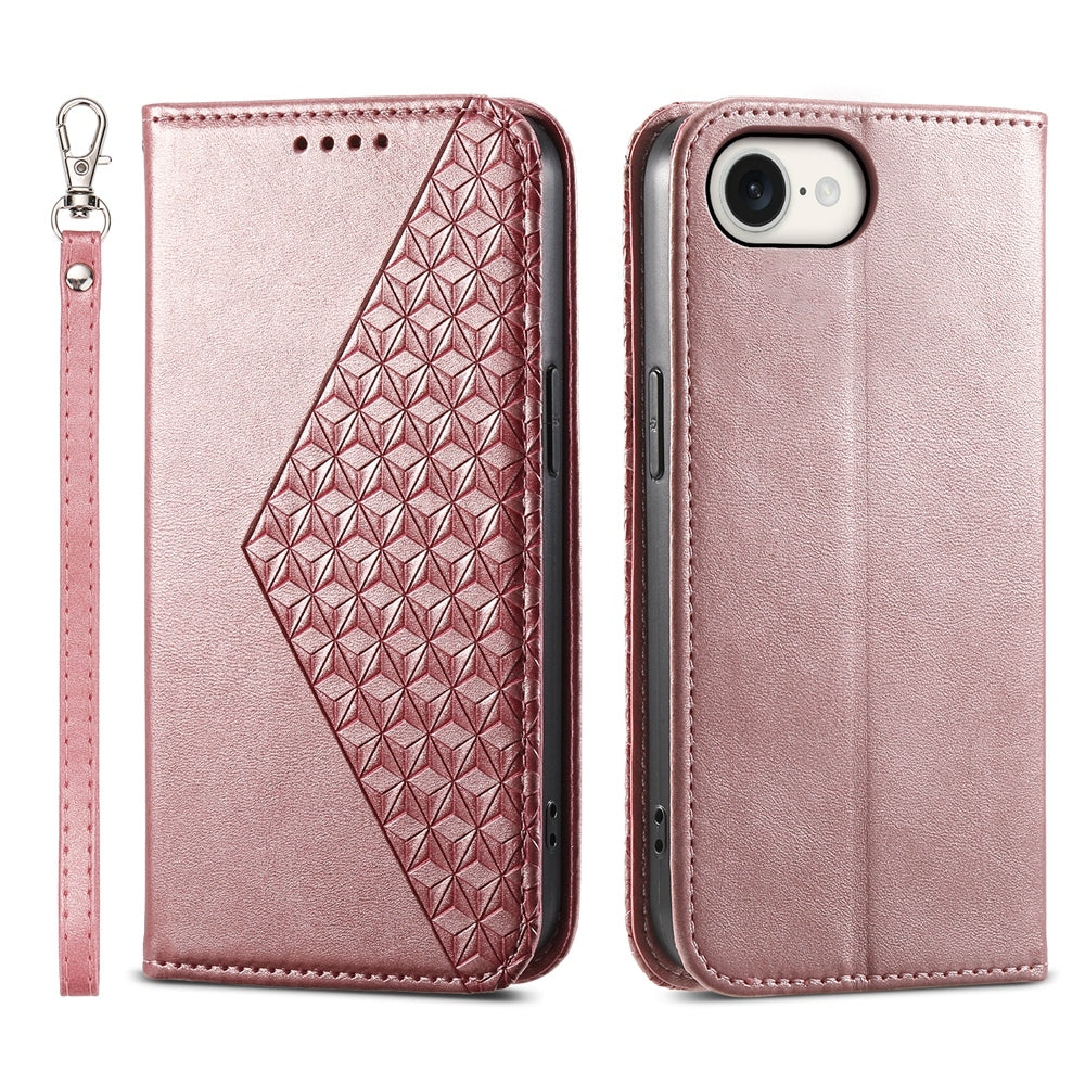 For iPhone 16e Cubic Grid Calf Texture Magnetic Leather Phone Case(Rose Gold)