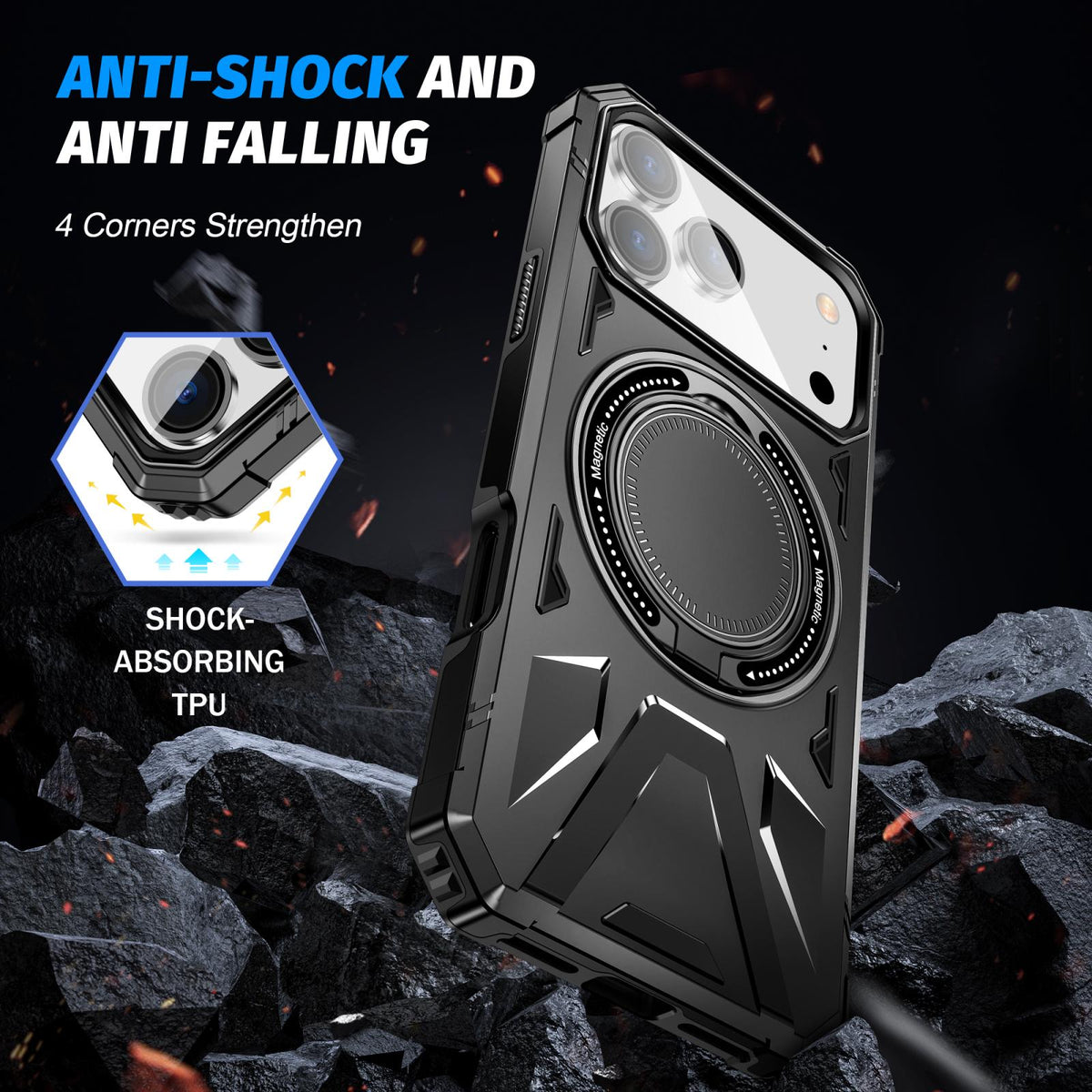 Compatible with iPhone 18 Pro Max & 17 Pro Max MagSafe Magnetic Shockproof Phone Case with Ring Holder - Black