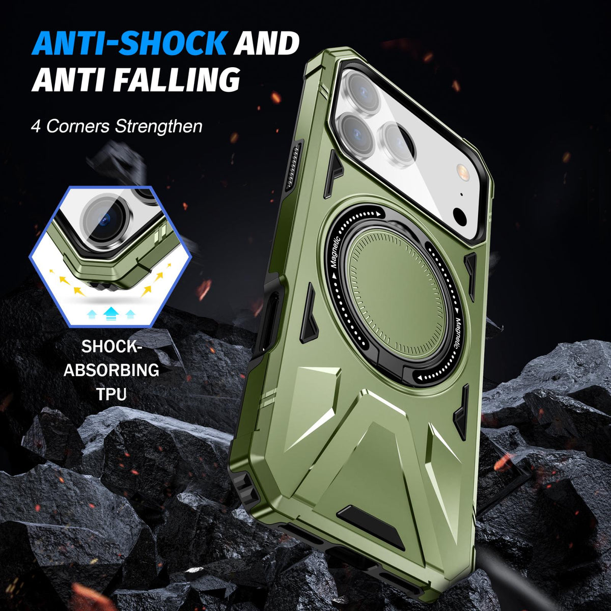 Compatible with iPhone 18 Pro Max & 17 Pro Max MagSafe Magnetic Shockproof Phone Case with Ring Holder - Dark Green