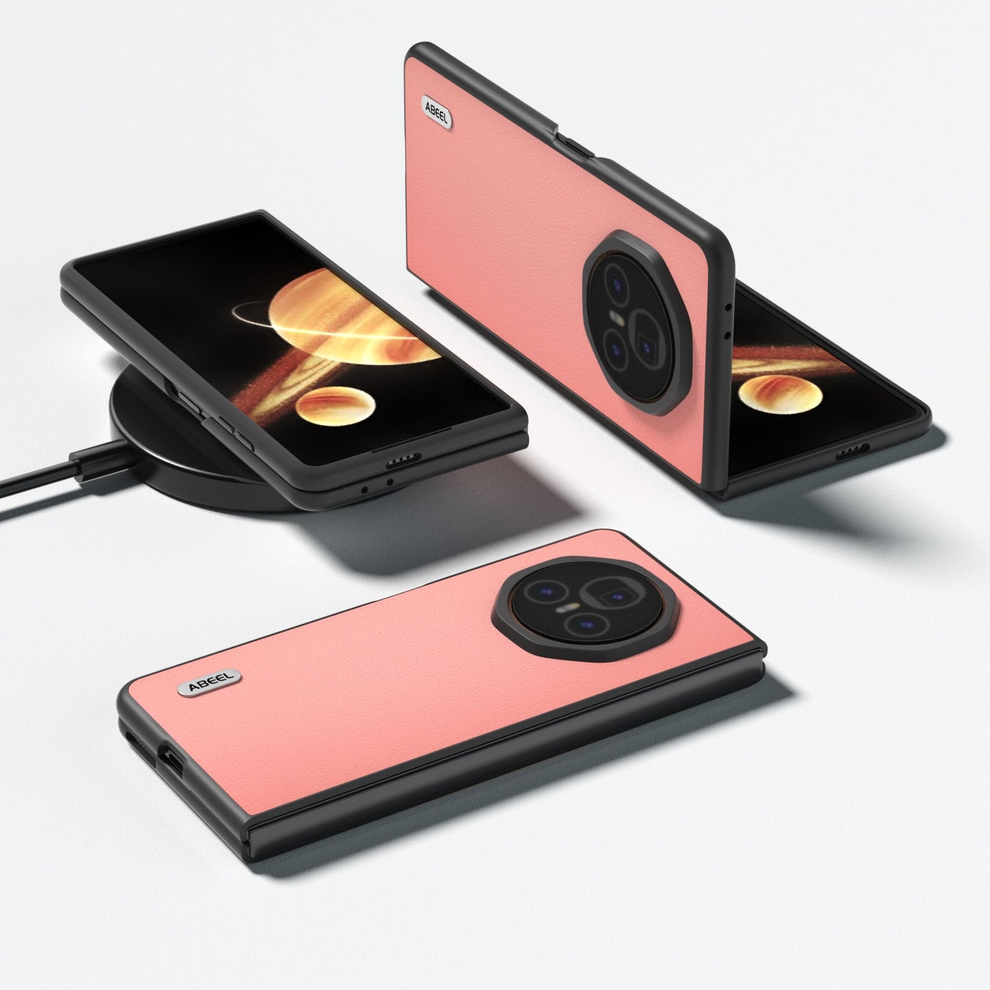 For Honor Magic V3 ABEEL Genuine Leather Wave Black Edge Phone Case(Pink)