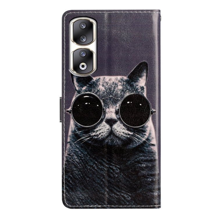 For Honor 90 Pro Colored Drawing Leather Phone Case(Sunglasses Cat)