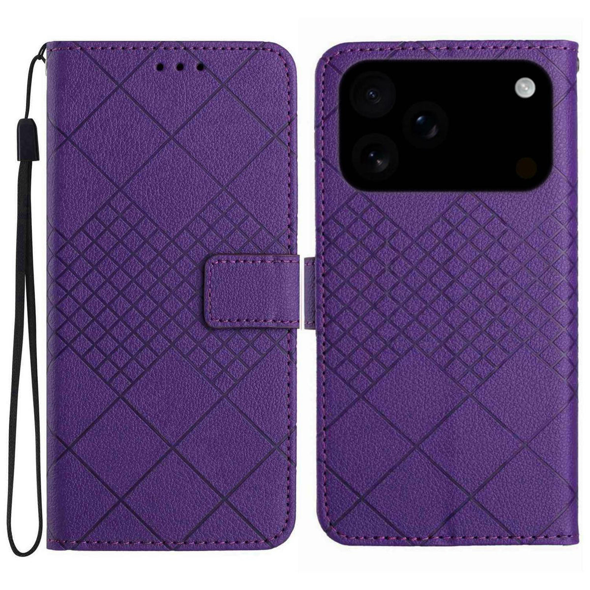 Compatible with iPhone 18 Pro Max & 17 Pro Max Rhombic Grid Texture Leather Phone Case - Purple
