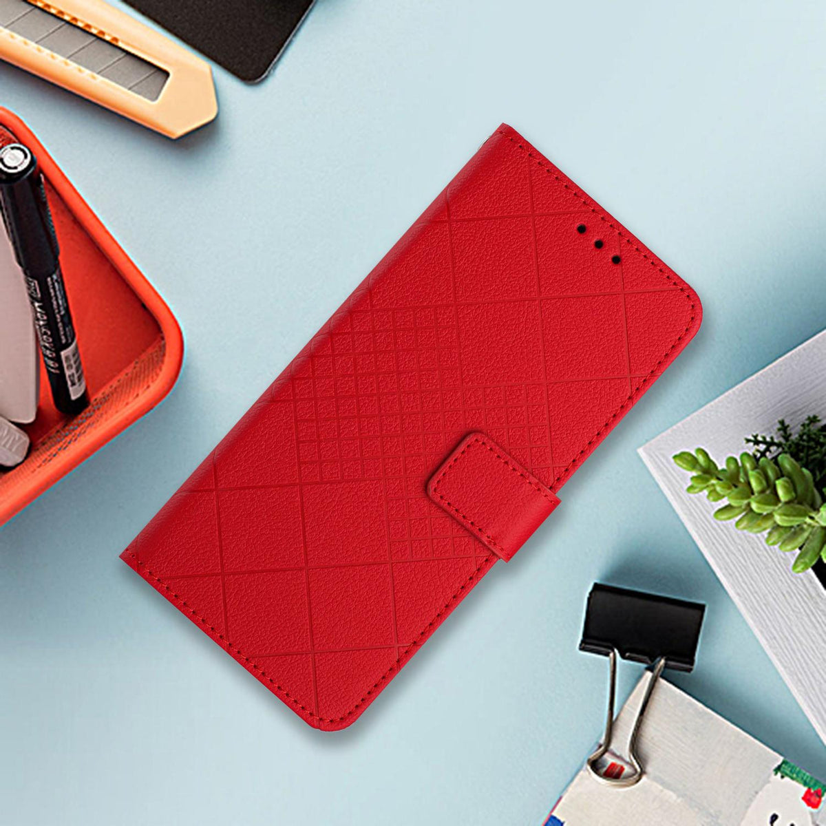 Compatible with iPhone 18 Pro Max & 17 Pro Max Rhombic Grid Texture Leather Phone Case - Red