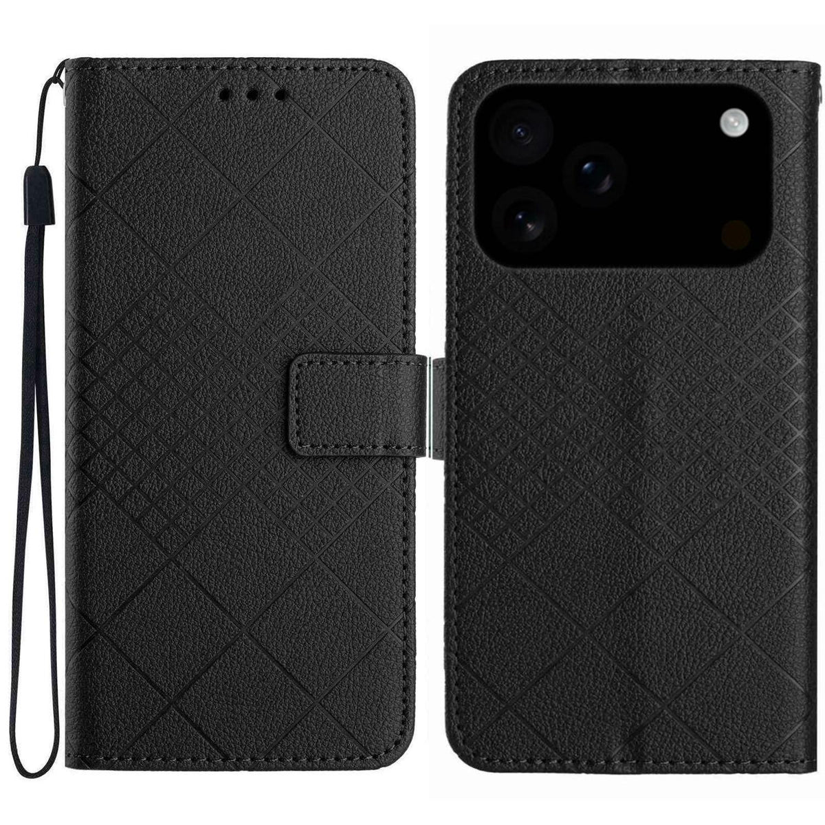 Compatible with iPhone 18 Pro Max & 17 Pro Max Rhombic Grid Texture Leather Phone Case - Black