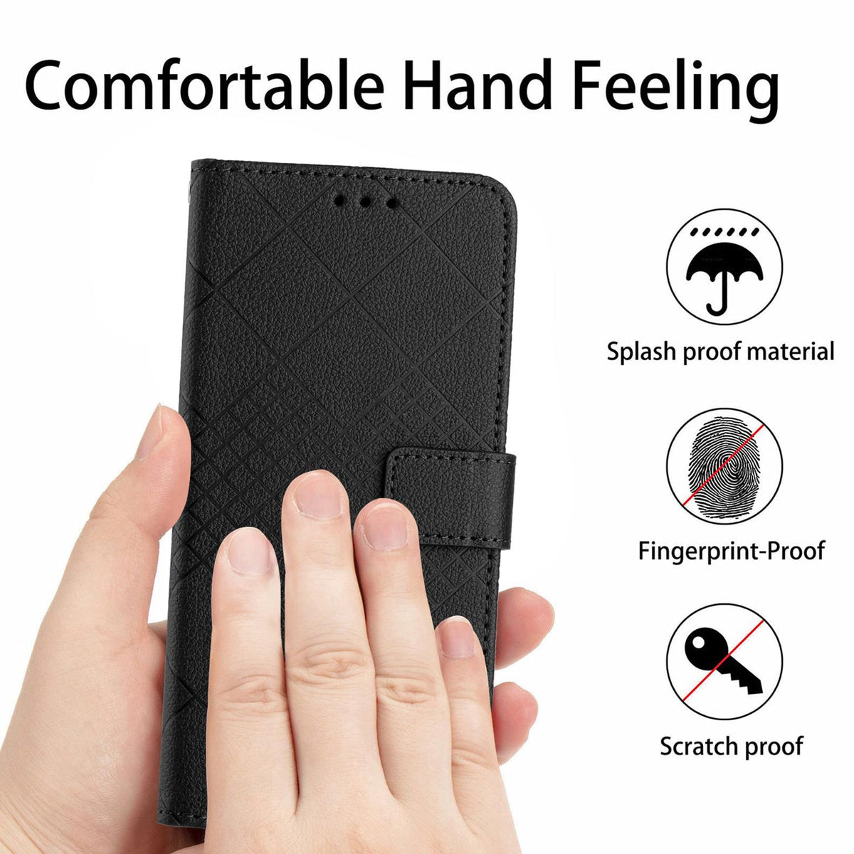 Compatible with iPhone 18 Pro Max & 17 Pro Max Rhombic Grid Texture Leather Phone Case - Black