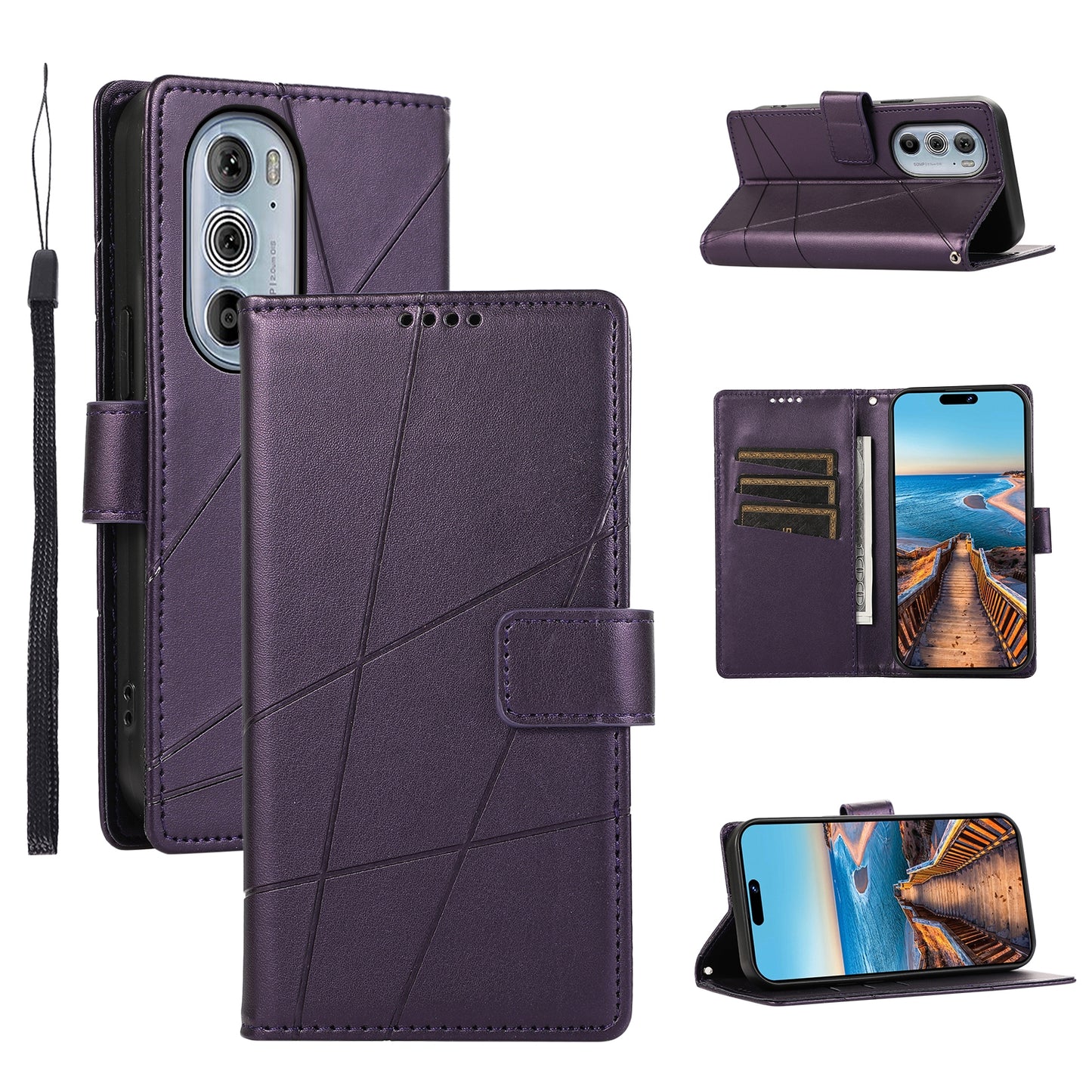 For Motorola Edge 30 Pro PU Genuine Leather Texture Embossed Line Phone Case(Purple)
