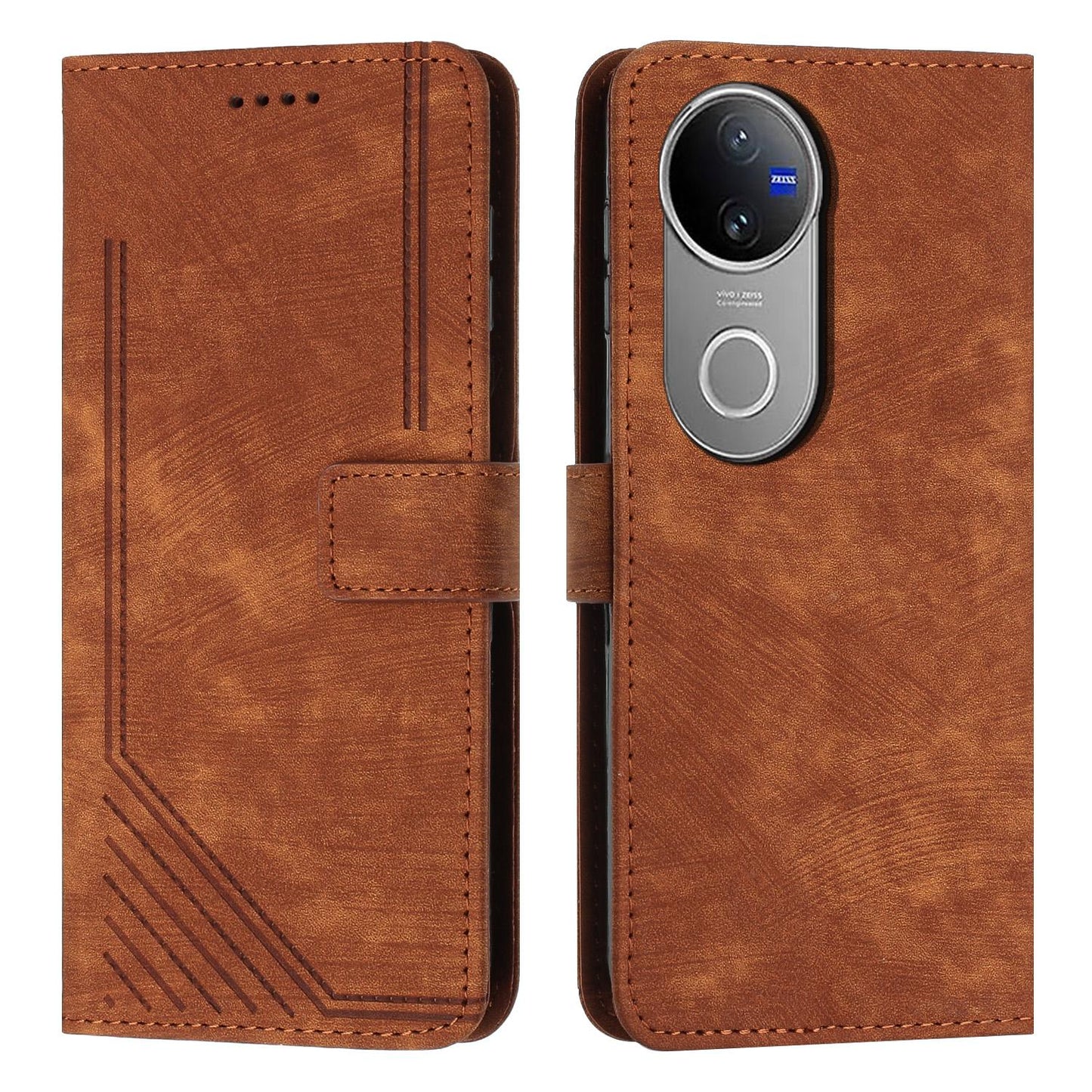 For vivo V50 Skin Feel Stripe Pattern Leather Phone Case with Lanyard(Brown)