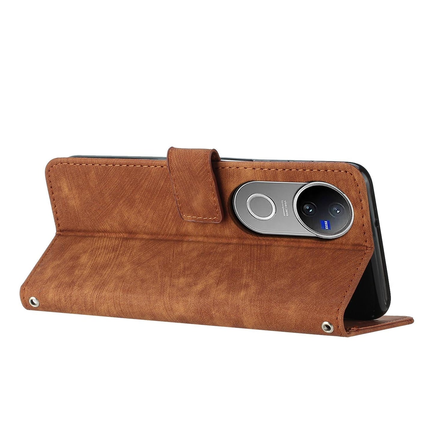 For vivo V50 Skin Feel Stripe Pattern Leather Phone Case with Lanyard(Brown)