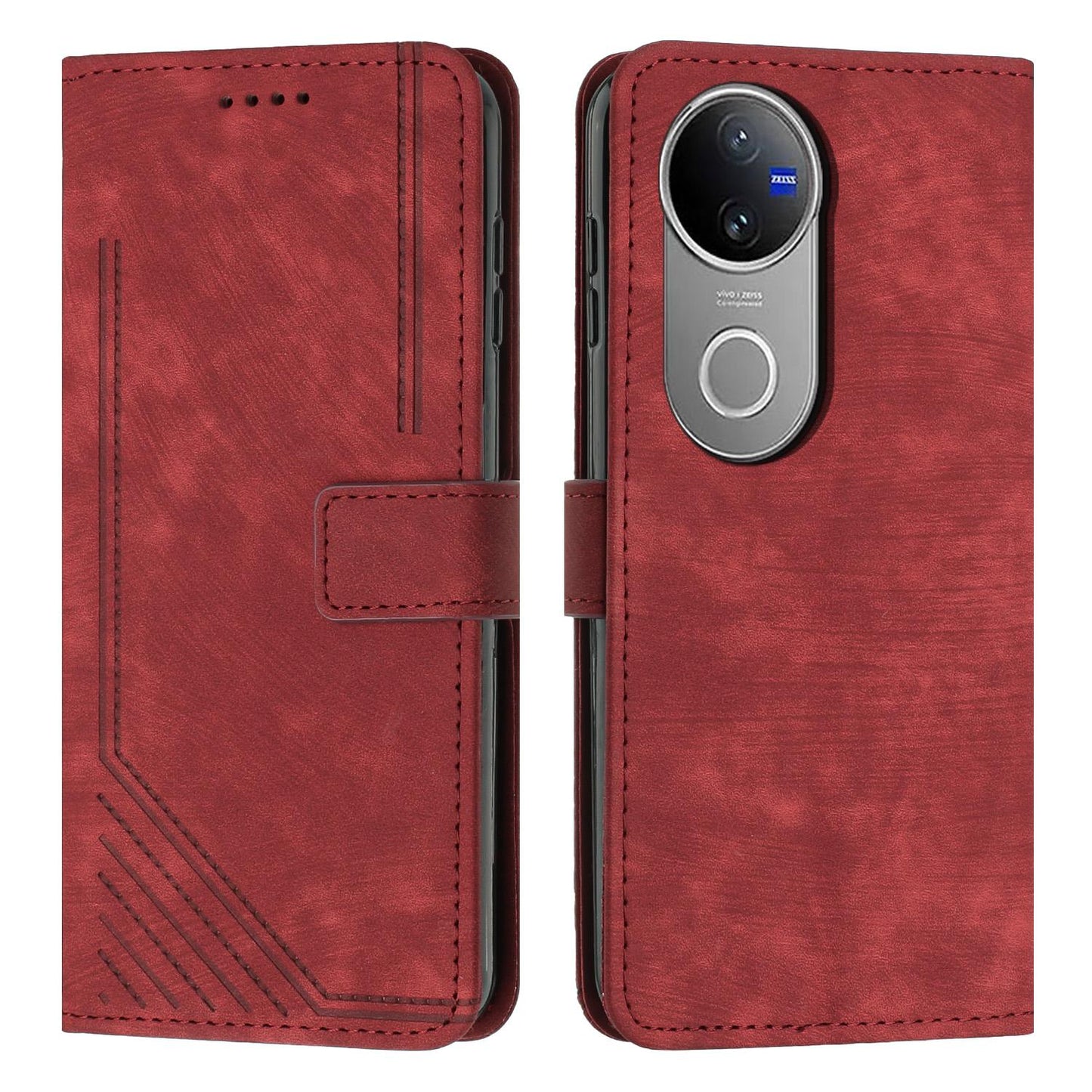 For vivo V50 Skin Feel Stripe Pattern Leather Phone Case with Lanyard(Red)