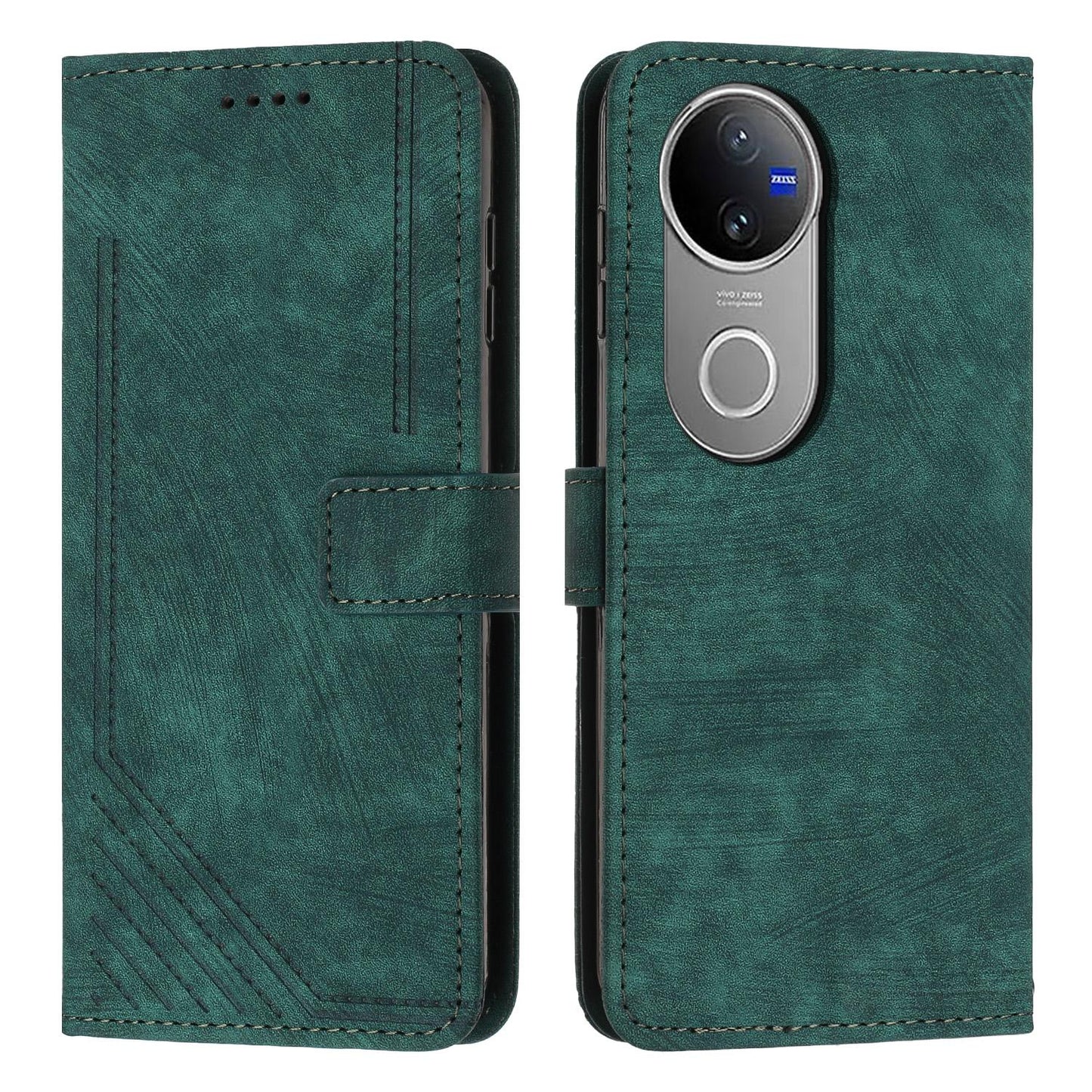 For vivo V50 Skin Feel Stripe Pattern Leather Phone Case with Lanyard(Green)