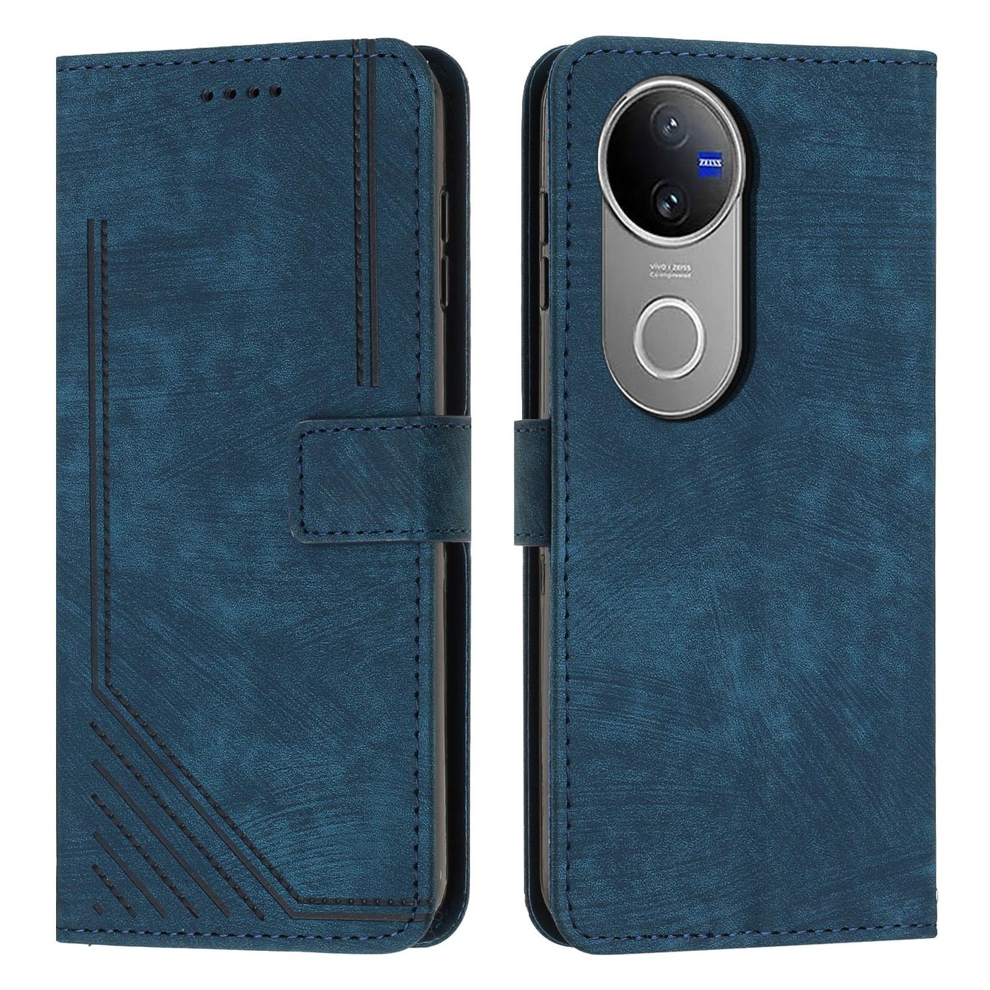 For vivo V50 Skin Feel Stripe Pattern Leather Phone Case with Lanyard(Blue)