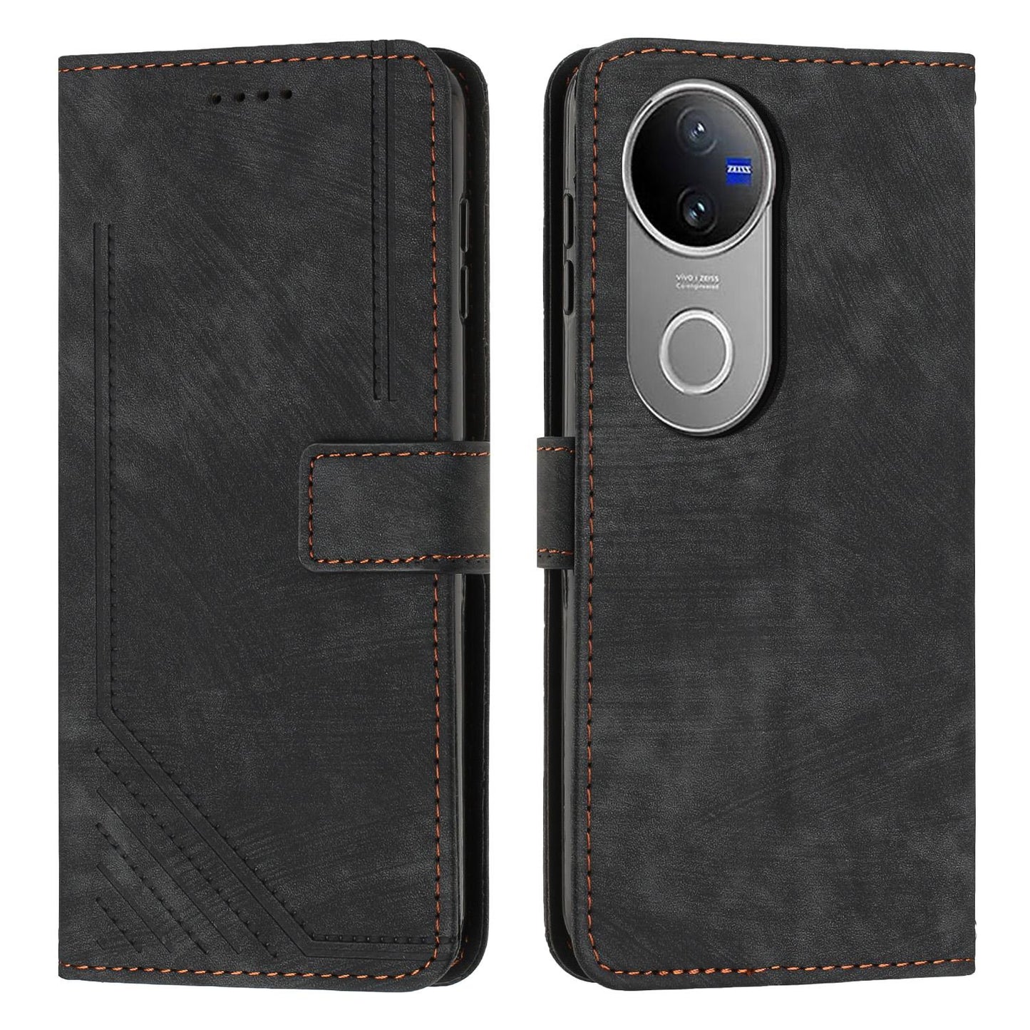 For vivo V50 Skin Feel Stripe Pattern Leather Phone Case with Lanyard(Black)