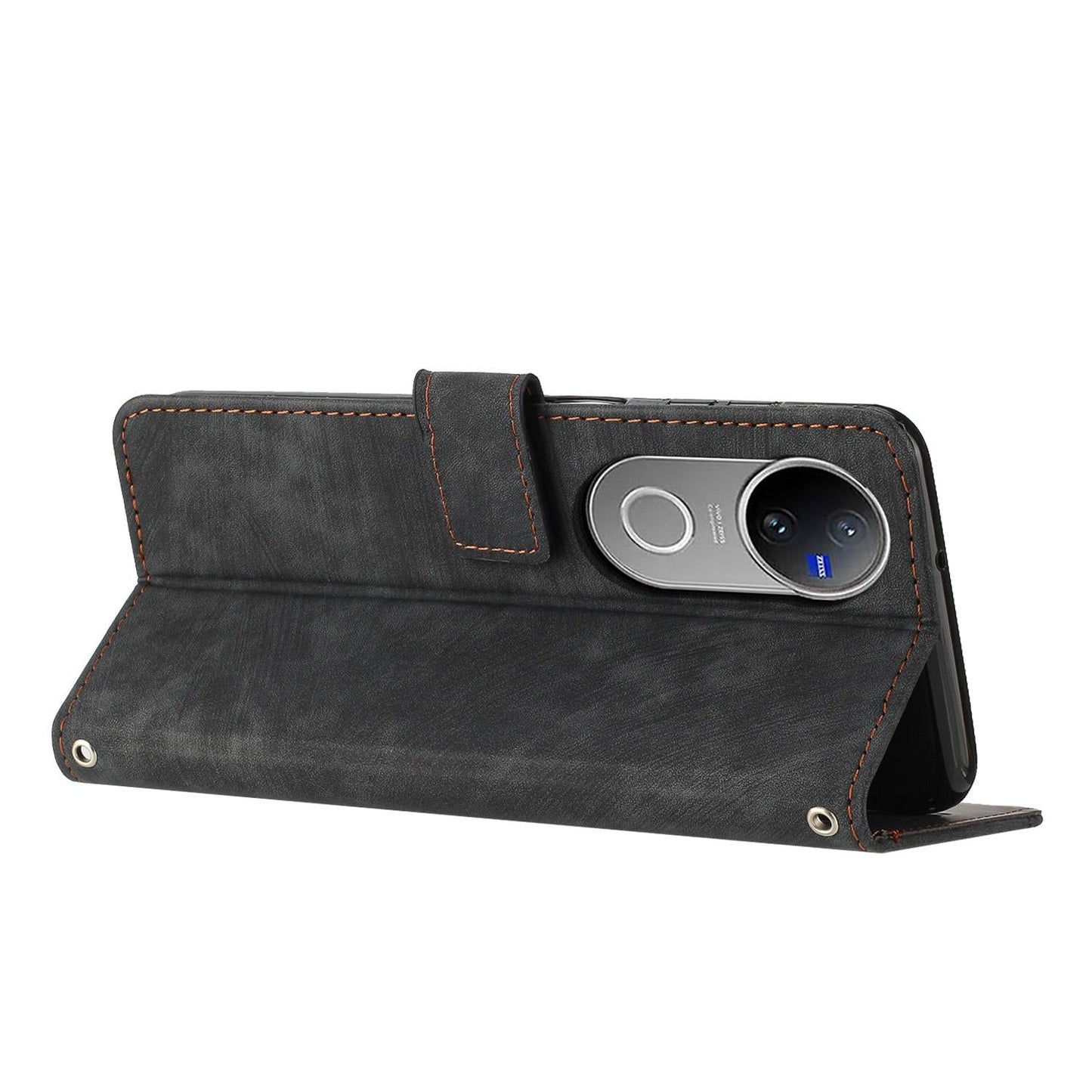 For vivo V50 Skin Feel Stripe Pattern Leather Phone Case with Lanyard(Black)