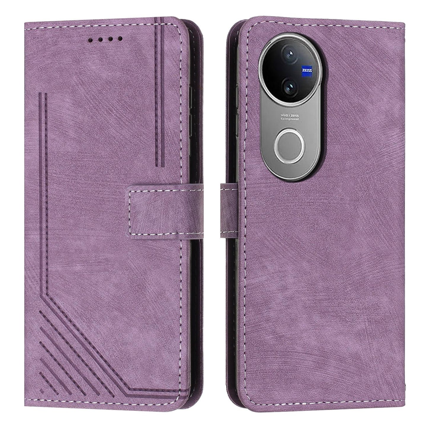 For vivo V50 Skin Feel Stripe Pattern Leather Phone Case with Lanyard(Purple)