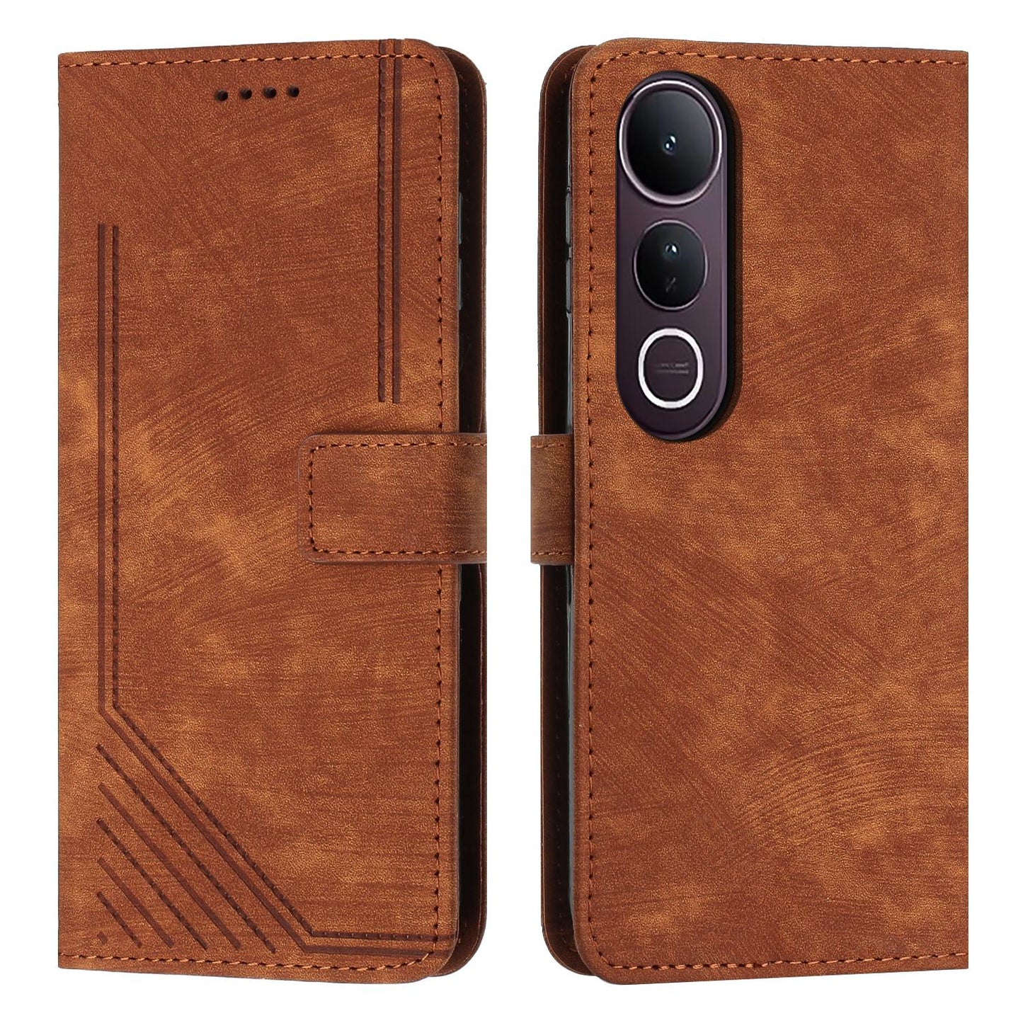 For vivo V50 Lite Skin Feel Stripe Pattern Leather Phone Case with Lanyard(Brown)