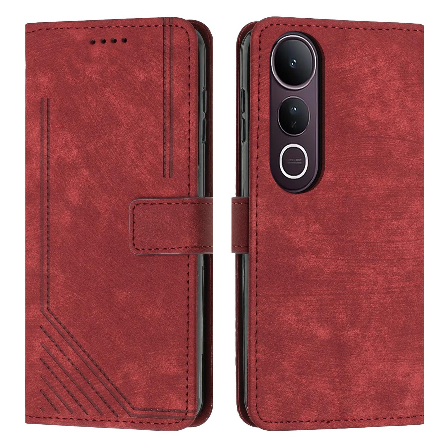 For vivo V50 Lite Skin Feel Stripe Pattern Leather Phone Case with Lanyard(Red)