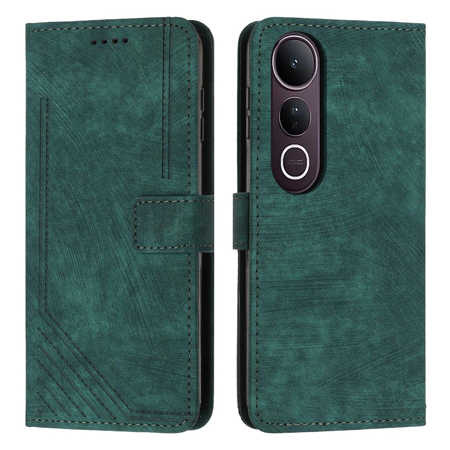 For vivo V50 Lite Skin Feel Stripe Pattern Leather Phone Case with Lanyard(Green)