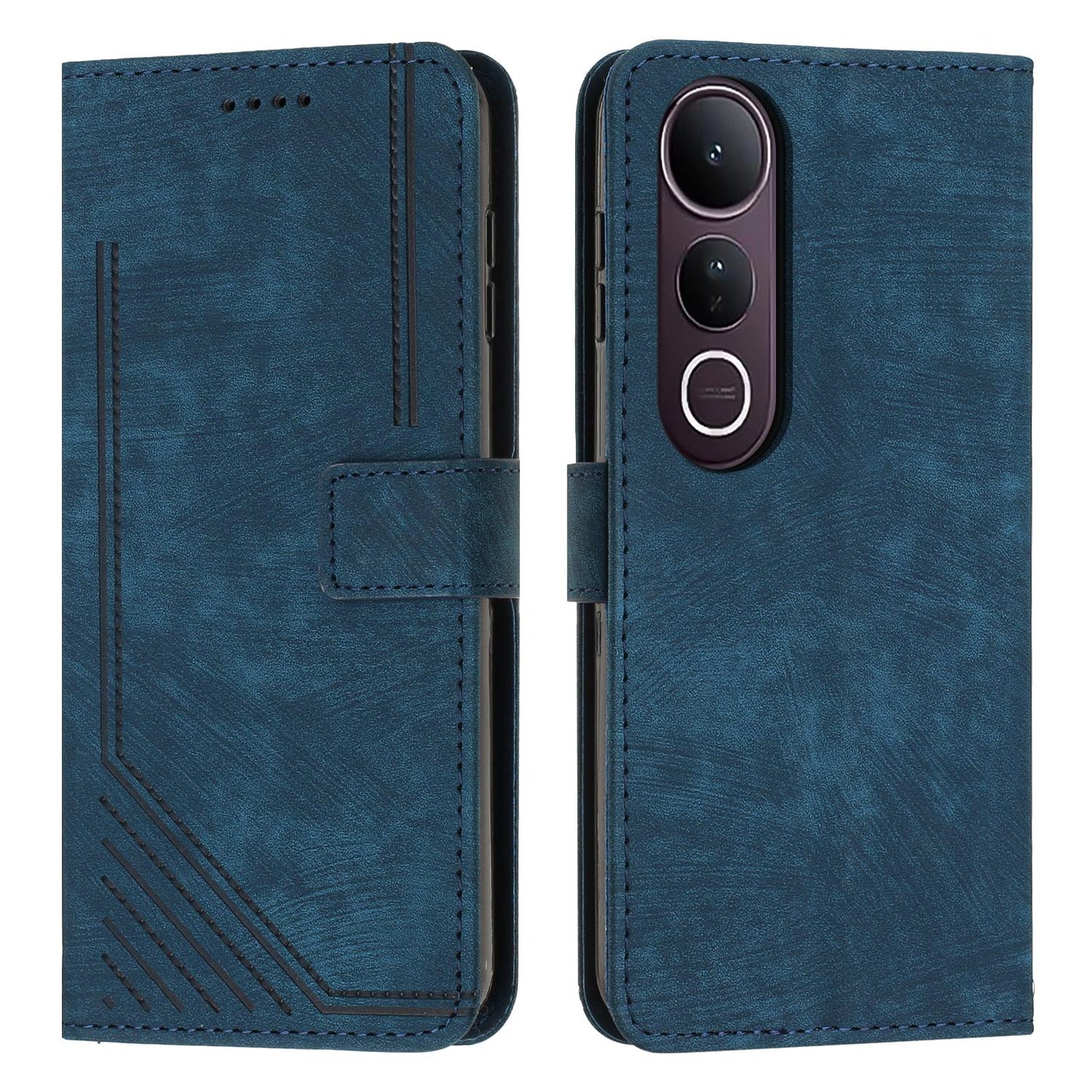 For vivo V50 Lite Skin Feel Stripe Pattern Leather Phone Case with Lanyard(Blue)