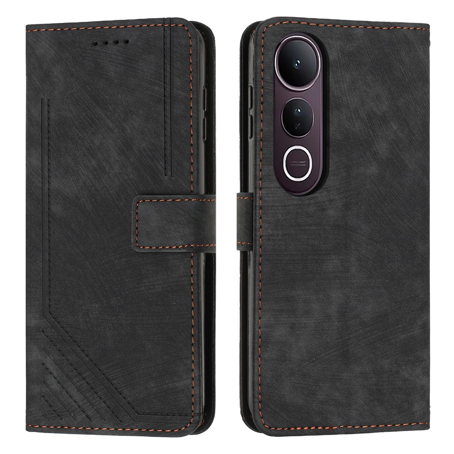 For vivo V50 Lite Skin Feel Stripe Pattern Leather Phone Case with Lanyard(Black)