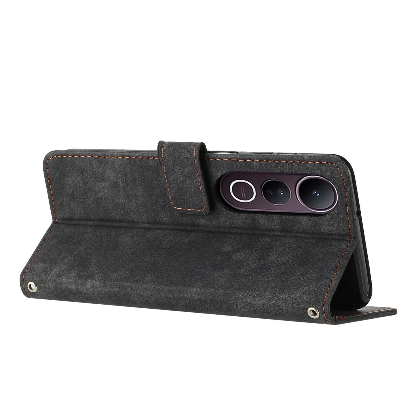 For vivo V50 Lite Skin Feel Stripe Pattern Leather Phone Case with Lanyard(Black)