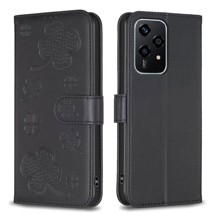 For Honor 200 Lite EU Version Four-leaf Embossed Leather Phone Case(Black)