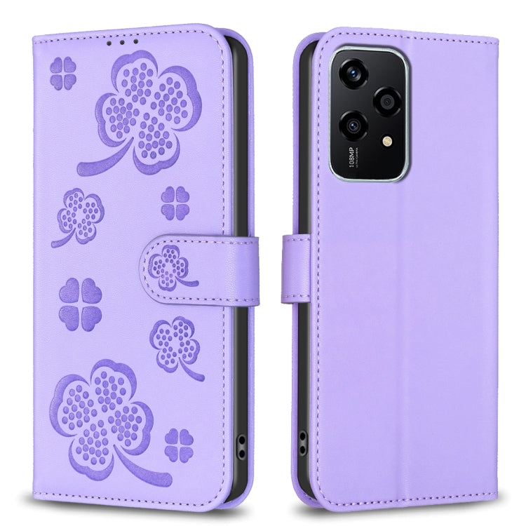 For Honor 200 Lite EU Version Four-leaf Embossed Leather Phone Case(Purple)