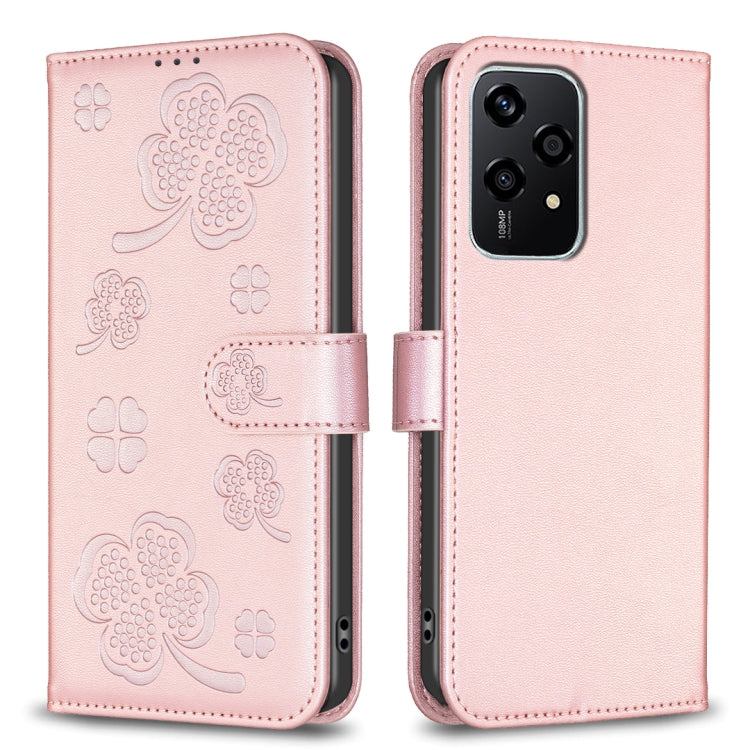 For Honor 200 Lite EU Version Four-leaf Embossed Leather Phone Case(Pink)