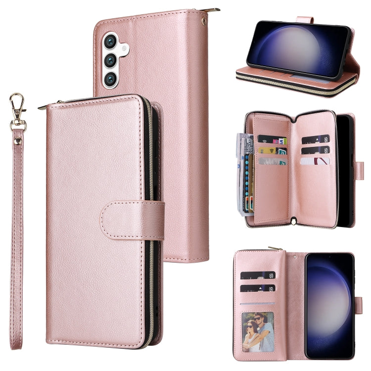 For Samsung Galaxy S24 5G 9-Card Slots Zipper Wallet Bag Leather Phone Case(Rose Gold)