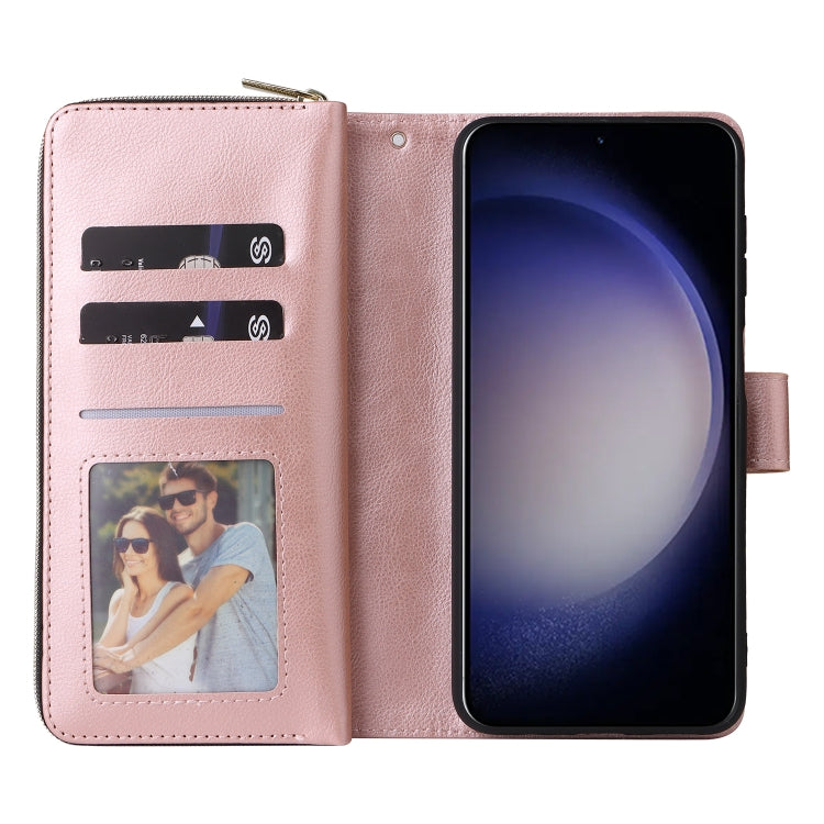 For Samsung Galaxy S24 5G 9-Card Slots Zipper Wallet Bag Leather Phone Case(Rose Gold)